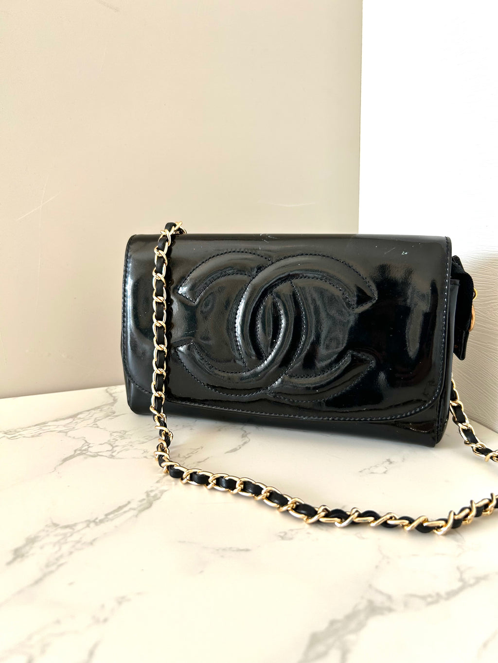 CHANEL Rare Black Patent Leather WOC with Mirror / Side Bag / Crossbody Bag
