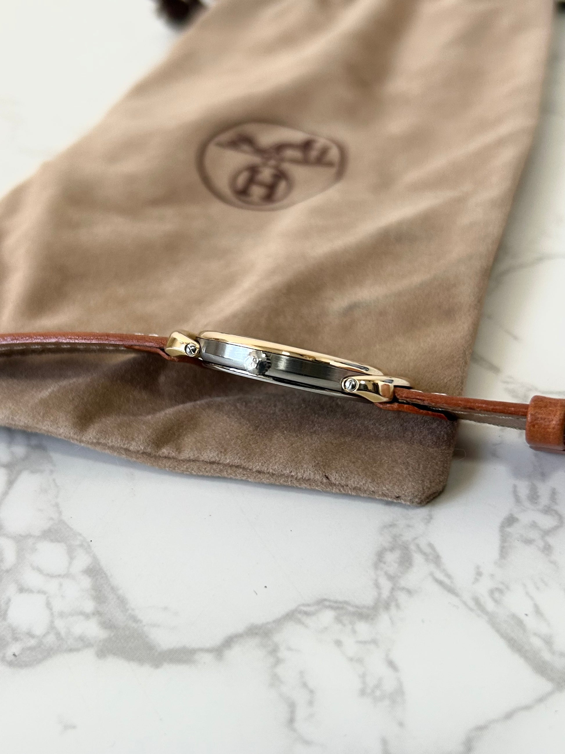 HERMES Pullman 金扣咖啡色皮帶男女裝古董錶/手錶