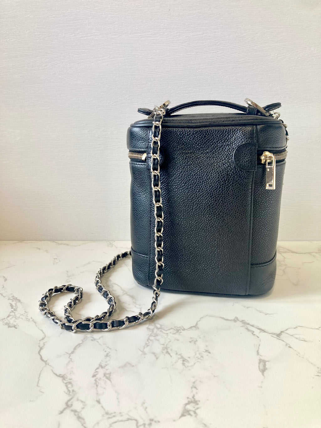 CHANEL Black Caviar Leather Vertical Vanity Case / Chain Crossbody Bag