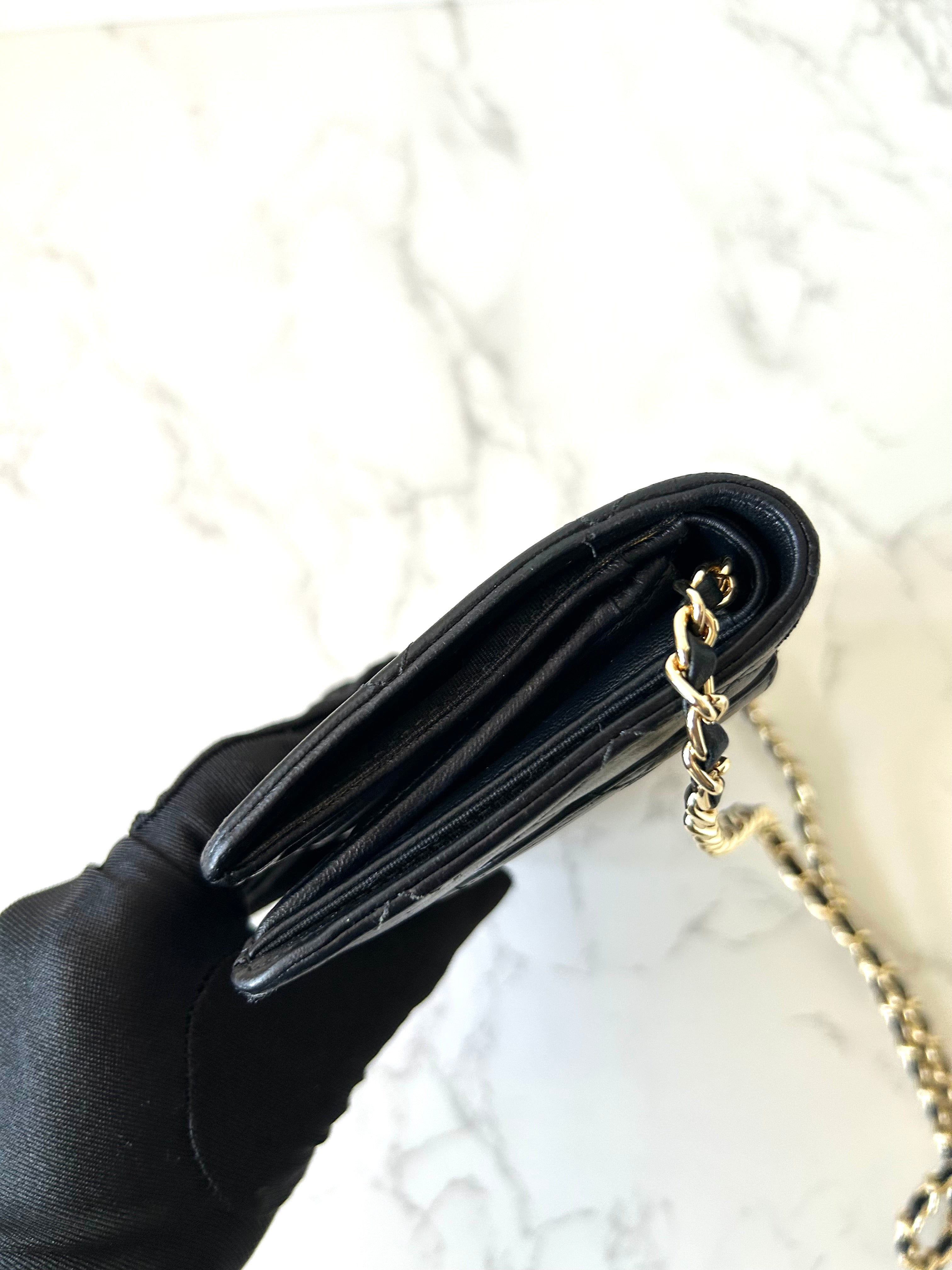 CHANEL black gold lambskin leather WOC long wallet/oblique bag/side bag