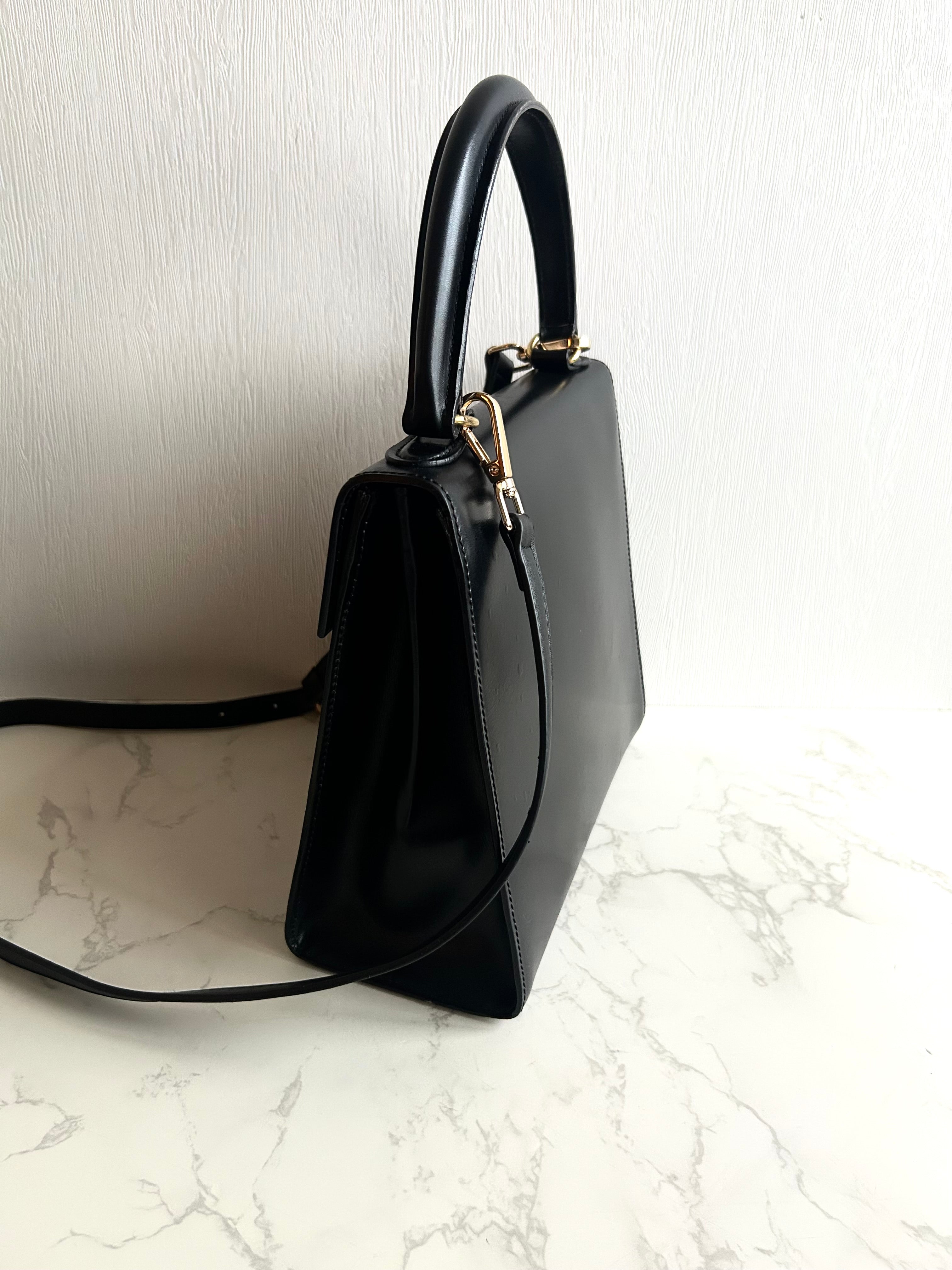 Celine Small Black and Gold Two-Way Kelly Bag Leather Crossbody Bag Shoulder Bag Handbag