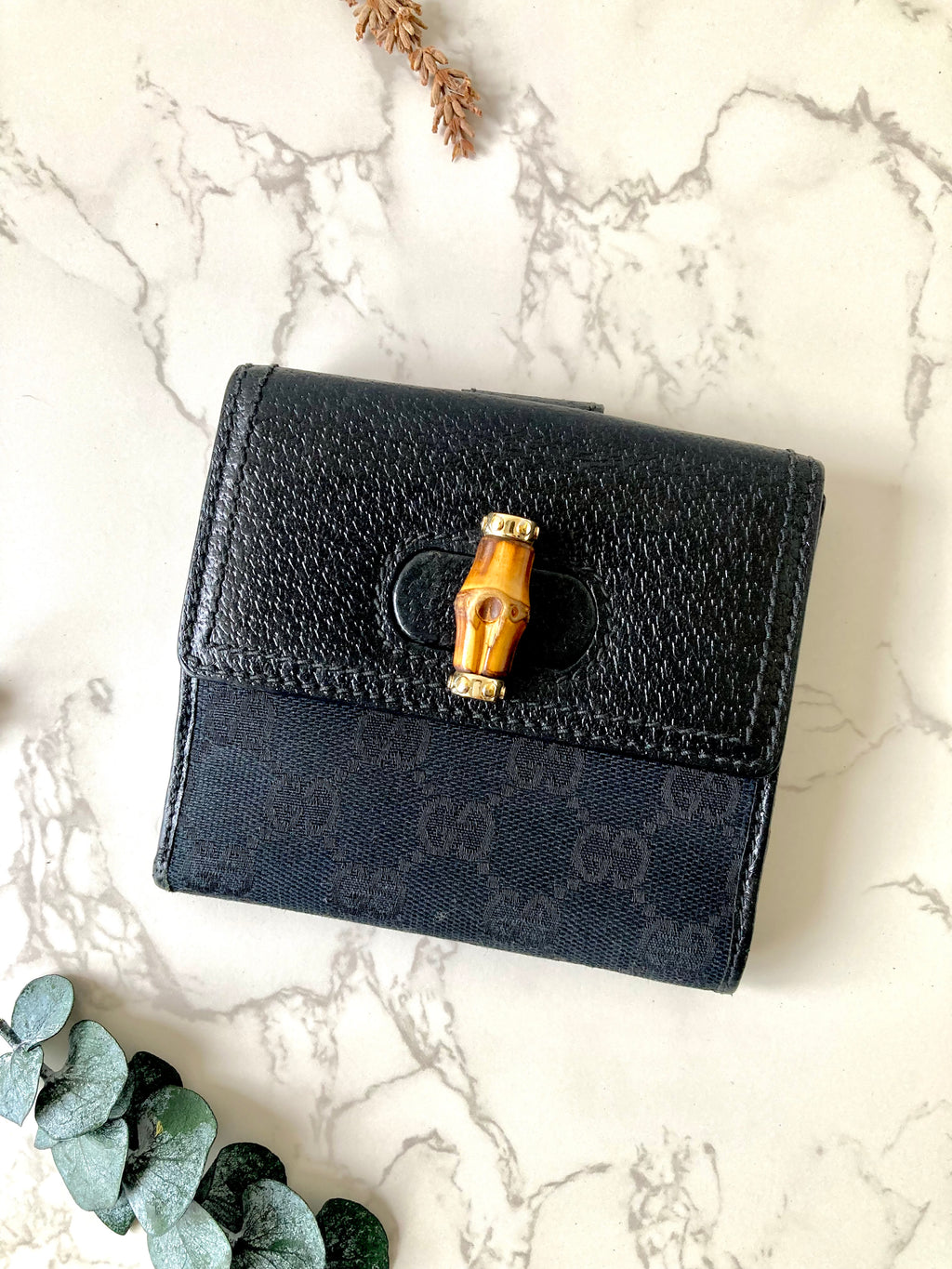 GUCCI Bamboo Black Monogram Compact Wallet
