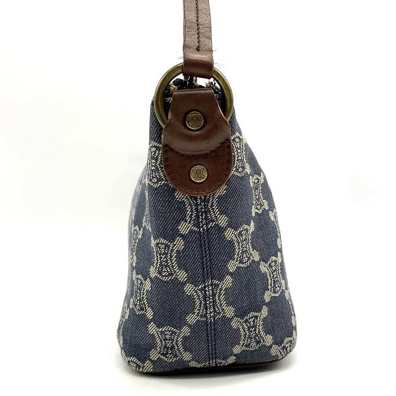 CELINE rare denim blue Arc de Triomphe old flower leather small bag / side backpack / underarm bag