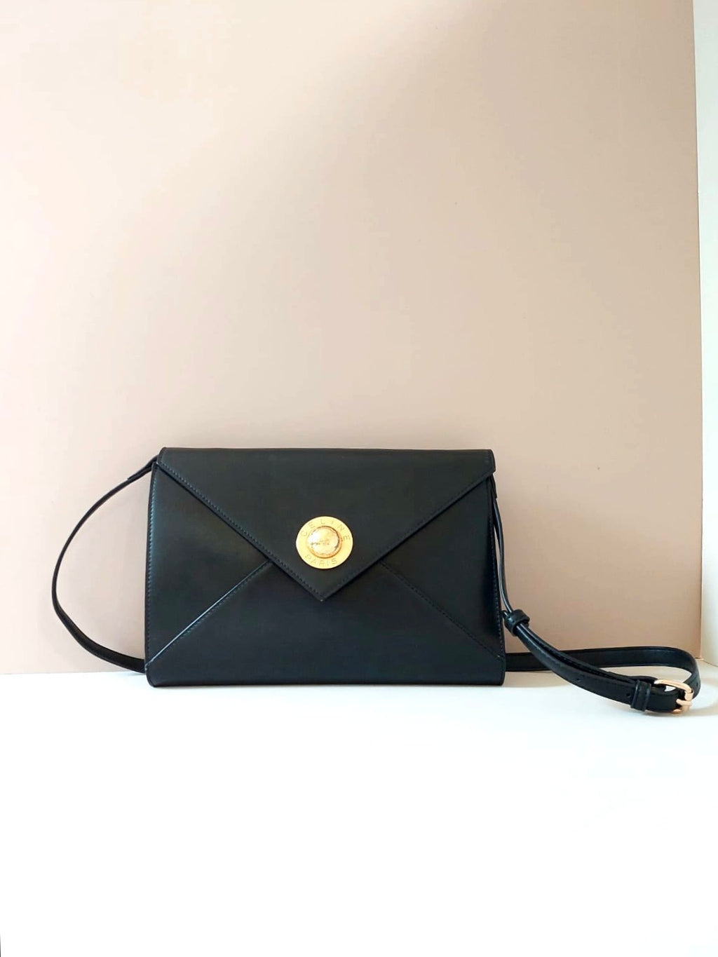 CELINE Planet Black Gold Leather Envelope Side Bag / Crossbody Bag