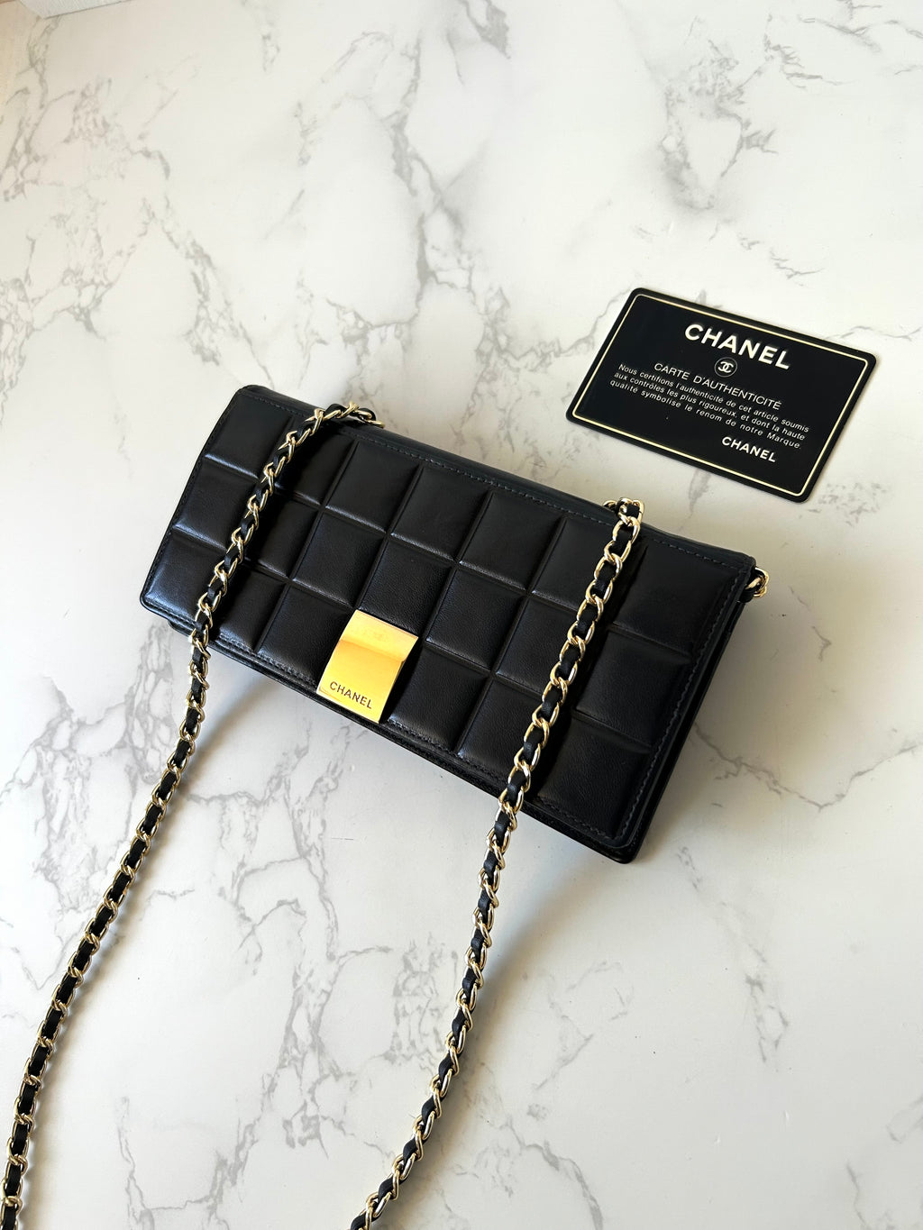 CHANEL 黑色冰格金扣WOC長錢包/斜背包/側背包