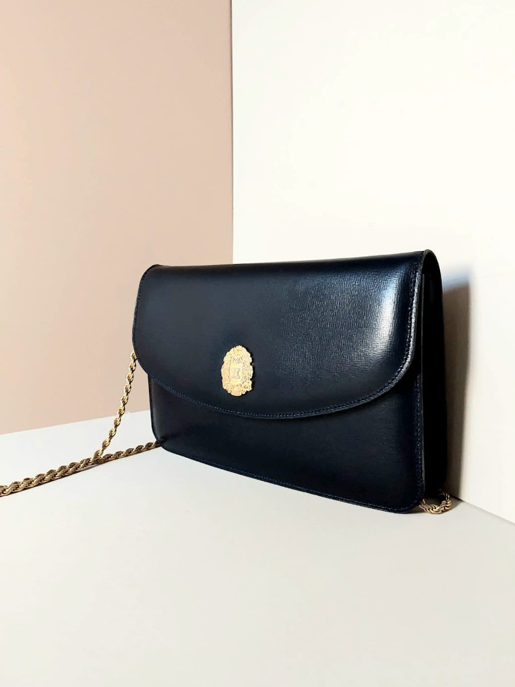 CELINE rare gold Arc de Triomphe badge dark blue leather small bag / side bag / oblique bag