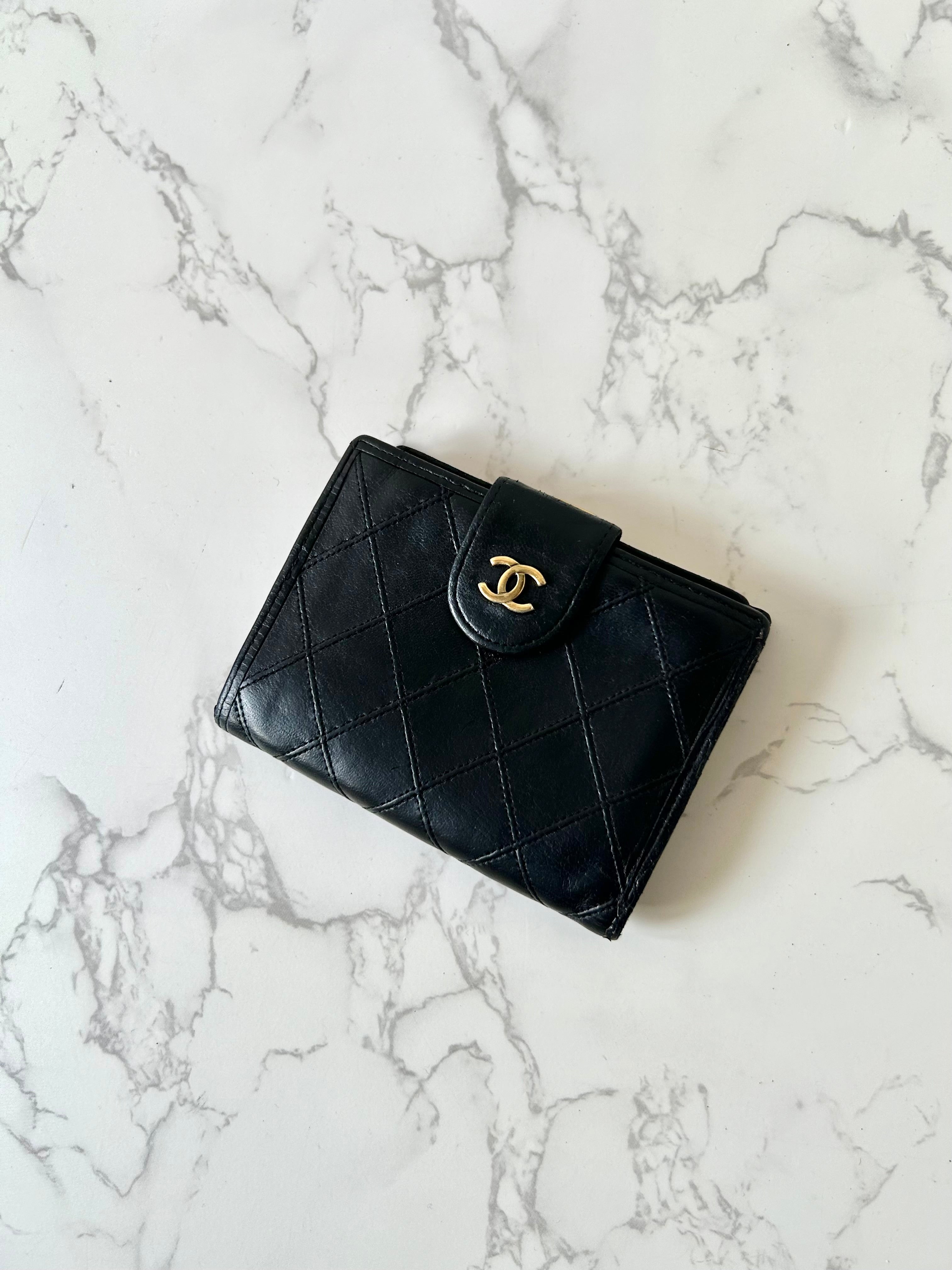 CHANEL rare black lambskin leather large gold buckle gold label short wallet / wallet