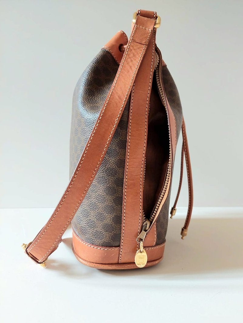 CELINE Brown Old Flower Leather Drawstring Bucket Side Backpack / Shoulder Bag