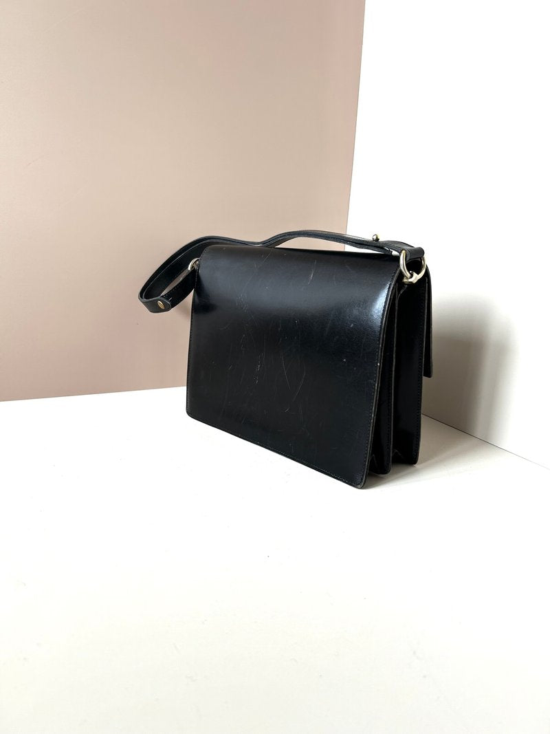 CHRISTIAN DIOR Rare black leather silver buckle flap side bag / short crossbody bag