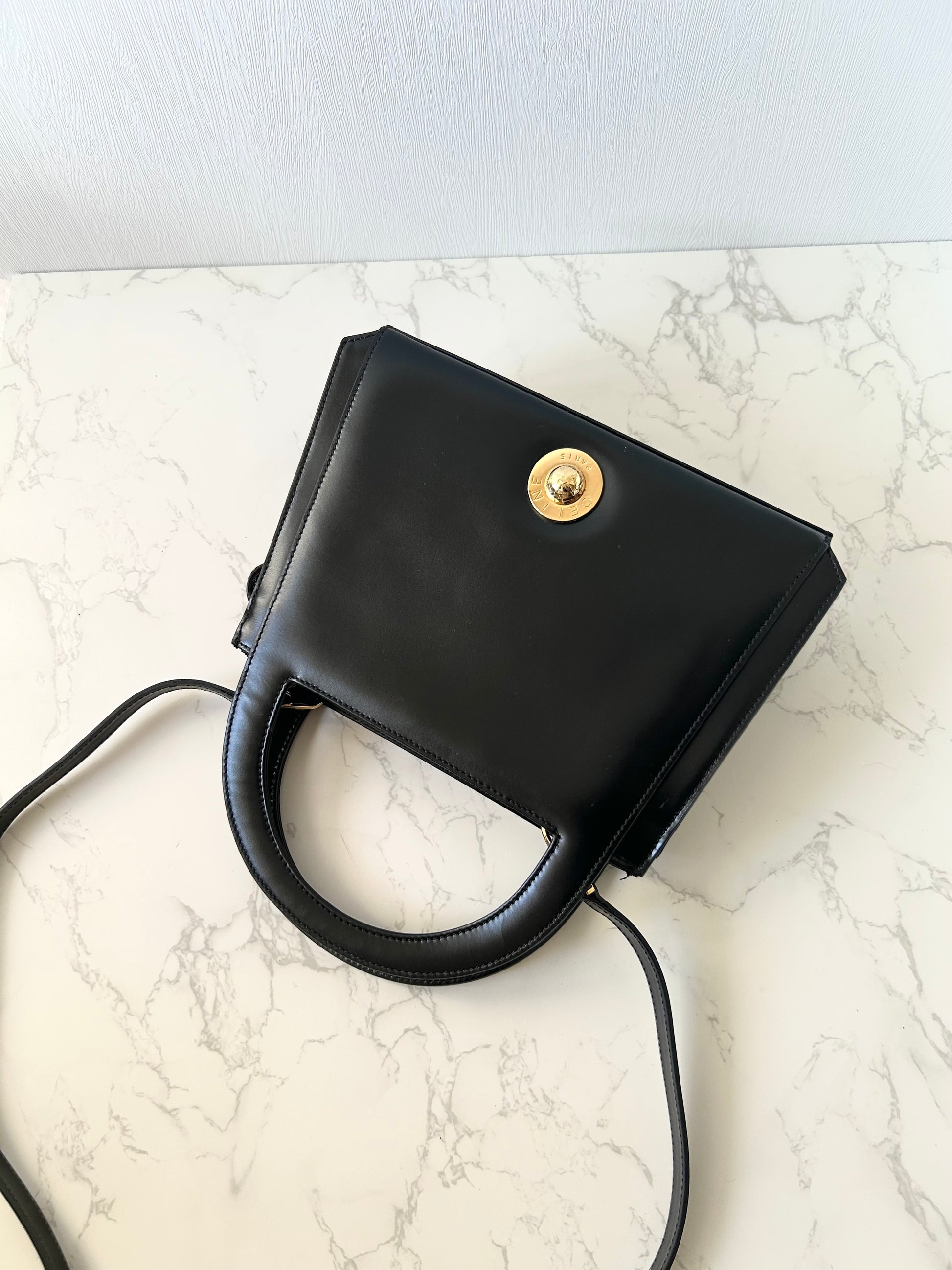 CELINE Rare Planet Black Gold Leather Kelly Handbag/Side Bag/Messenger Bag