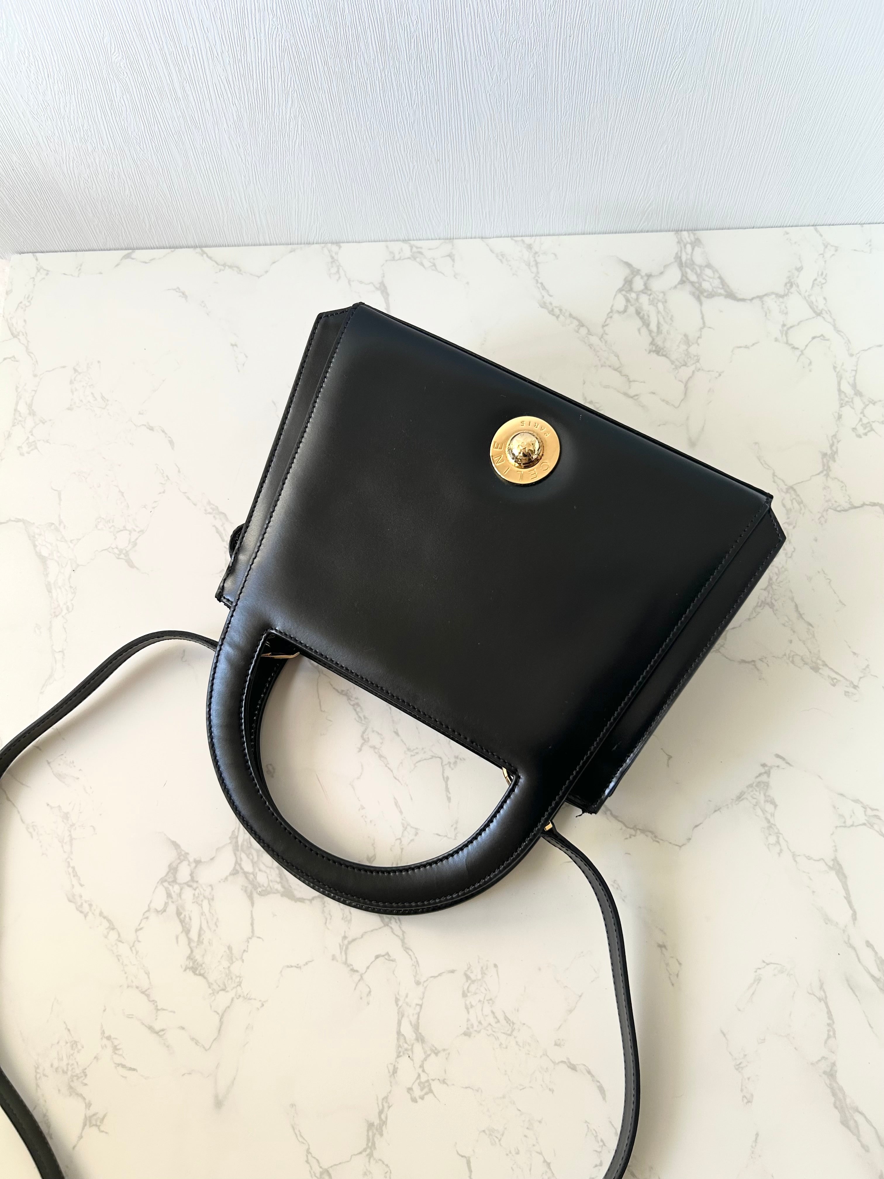 CELINE Rare Planet Black Gold Leather Kelly Handbag/Side Bag/Messenger Bag