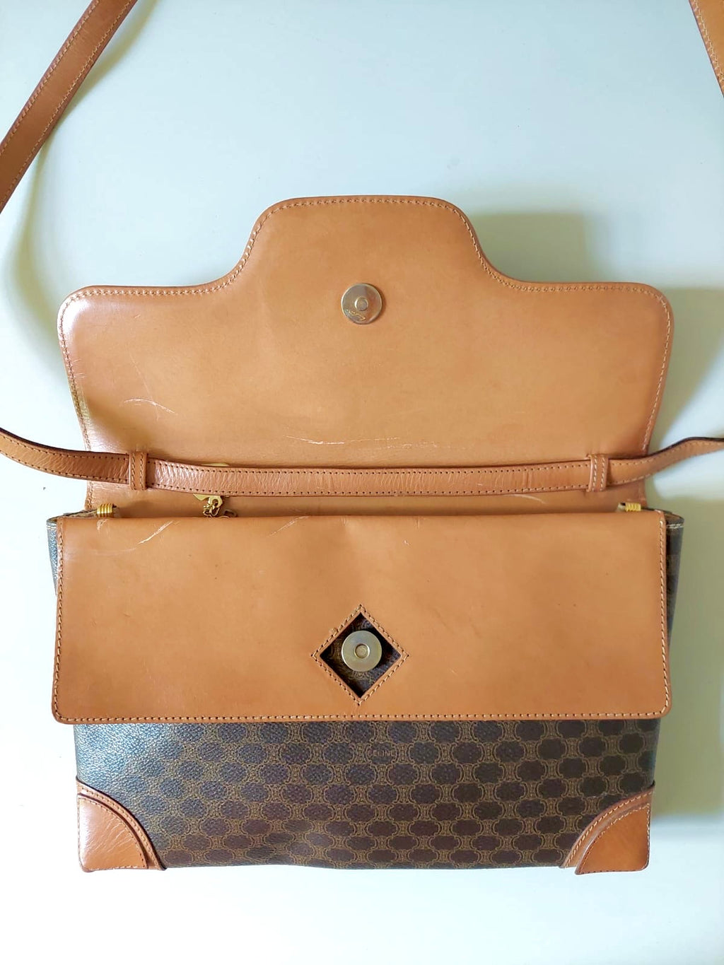 CELINE rare brown old flower leather messenger bag / side bag / oblique bag