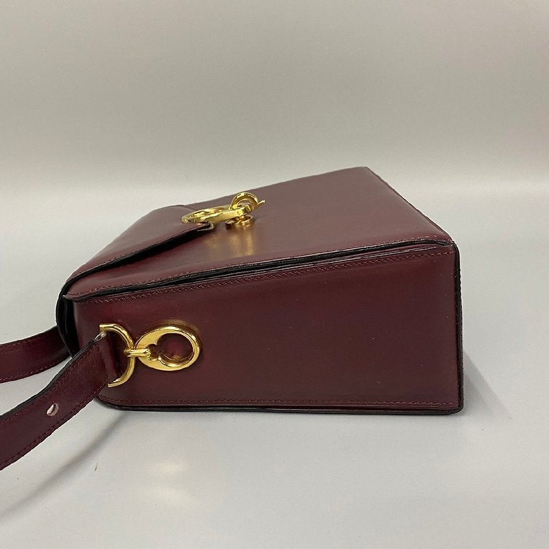 CELINE rare wine red double gold buckle leather box small bag/side backpack/underarm bag