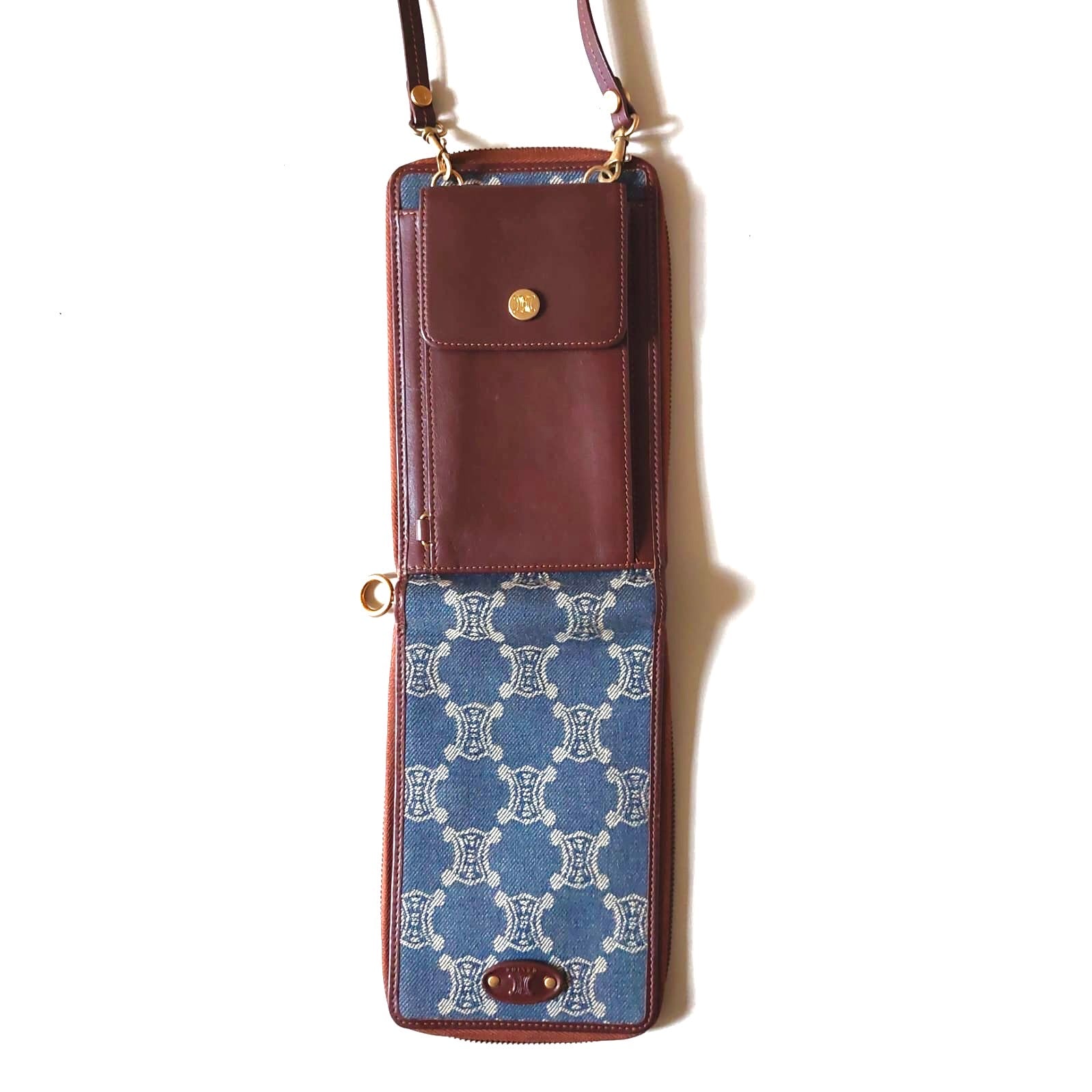CELINE rare denim blue single shoulder old flower small bag/long clip/wallet/side bag/oblique bag