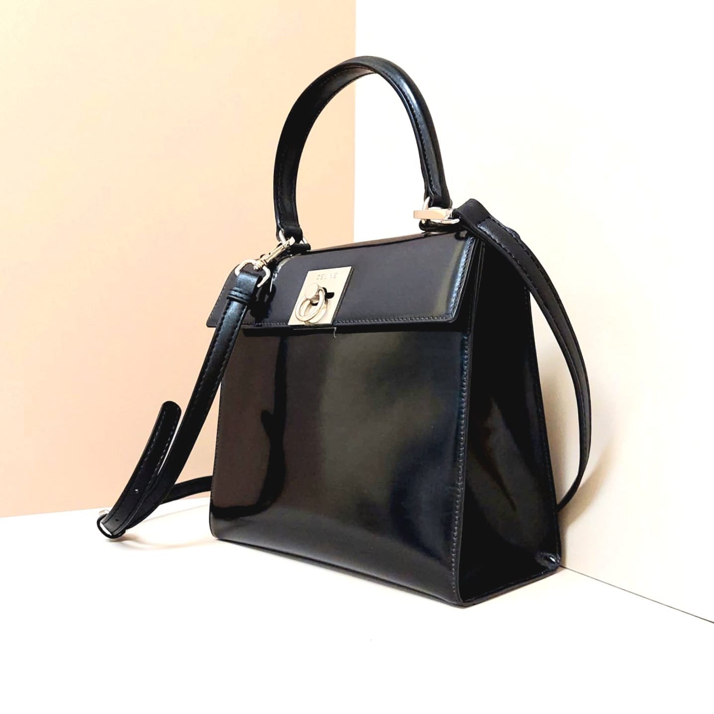 CELINE rare black silver buckle small Kelly handbag/side bag/crossbody bag