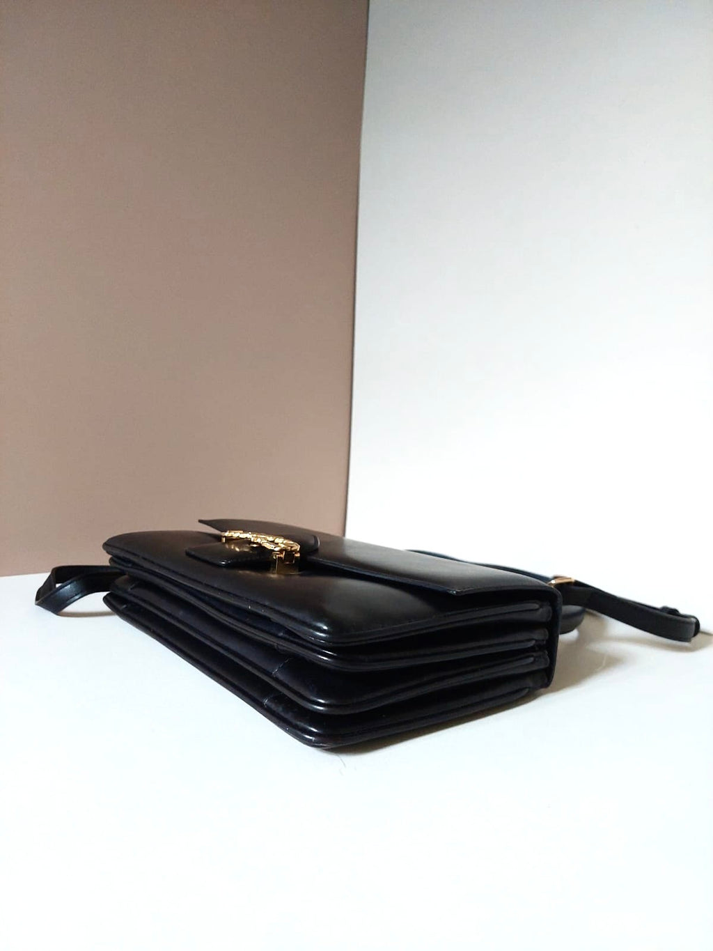 CELINE rare planet engraved twisted gold buckle leather small Kelly handbag/side bag/crossbody bag