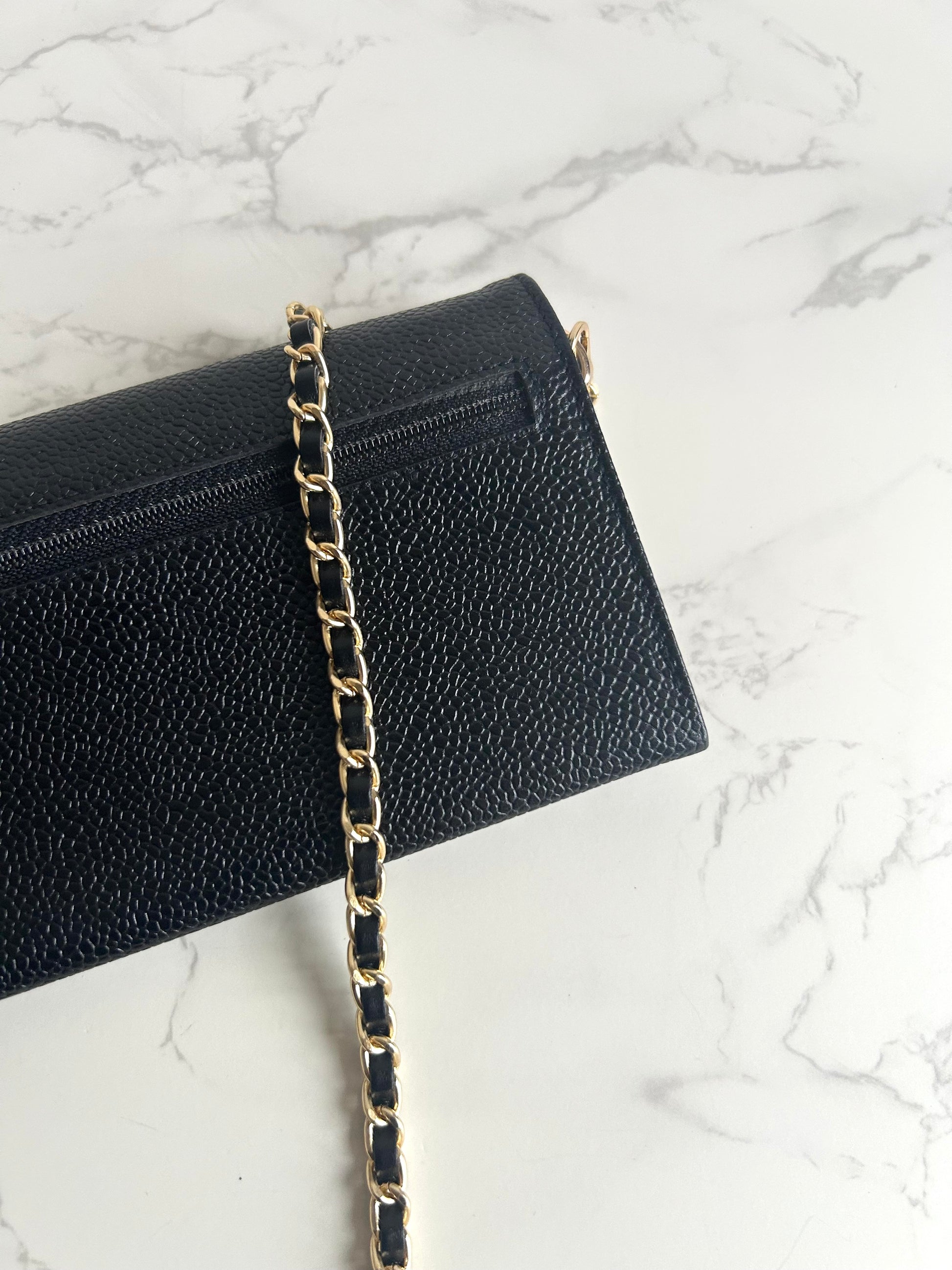 中古二手Chanel黑色魚子醬皮革WOC/側背包/斜背包/錢包