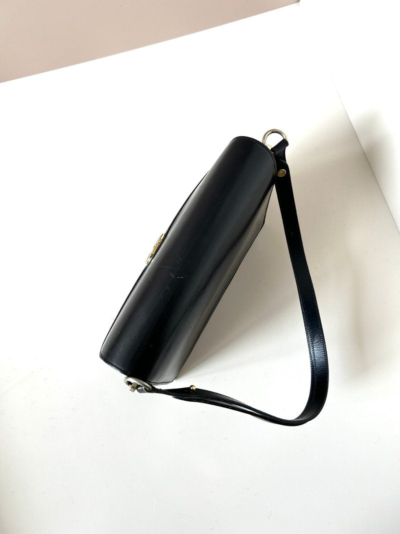 CHRISTIAN DIOR Rare black leather silver buckle flap side bag / short crossbody bag