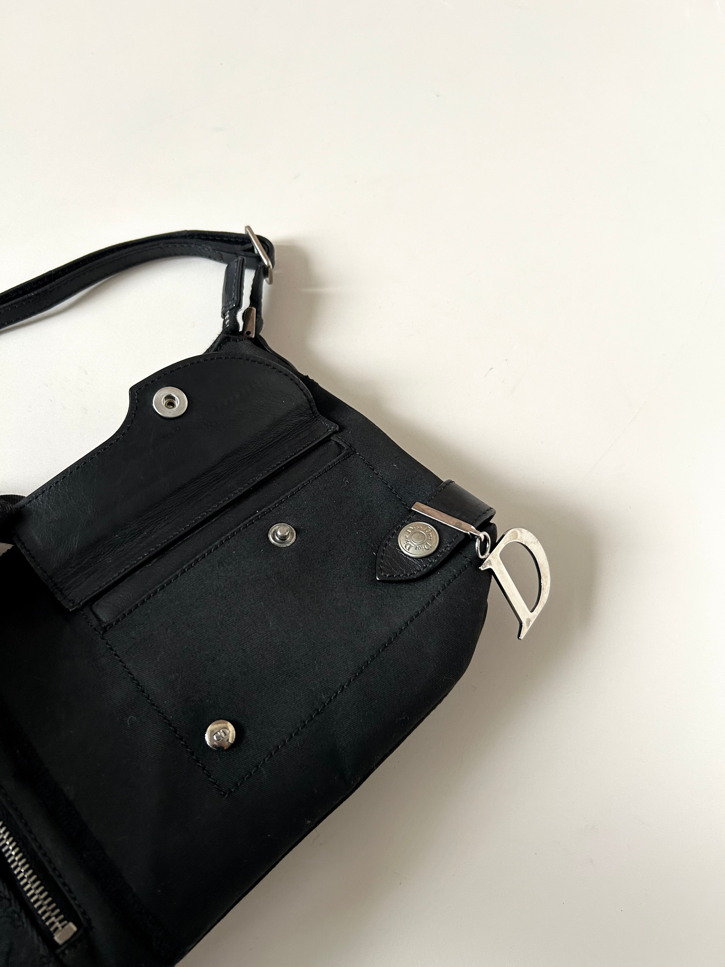 CHRISTIAN DIOR rare black silver buckle punk rope small bag/underarm bag/shoulder bag/side backpack
