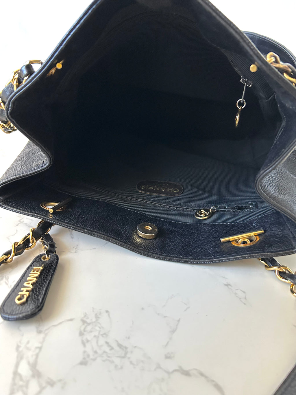 CHANEL black caviar leather chain tote bag / side bag