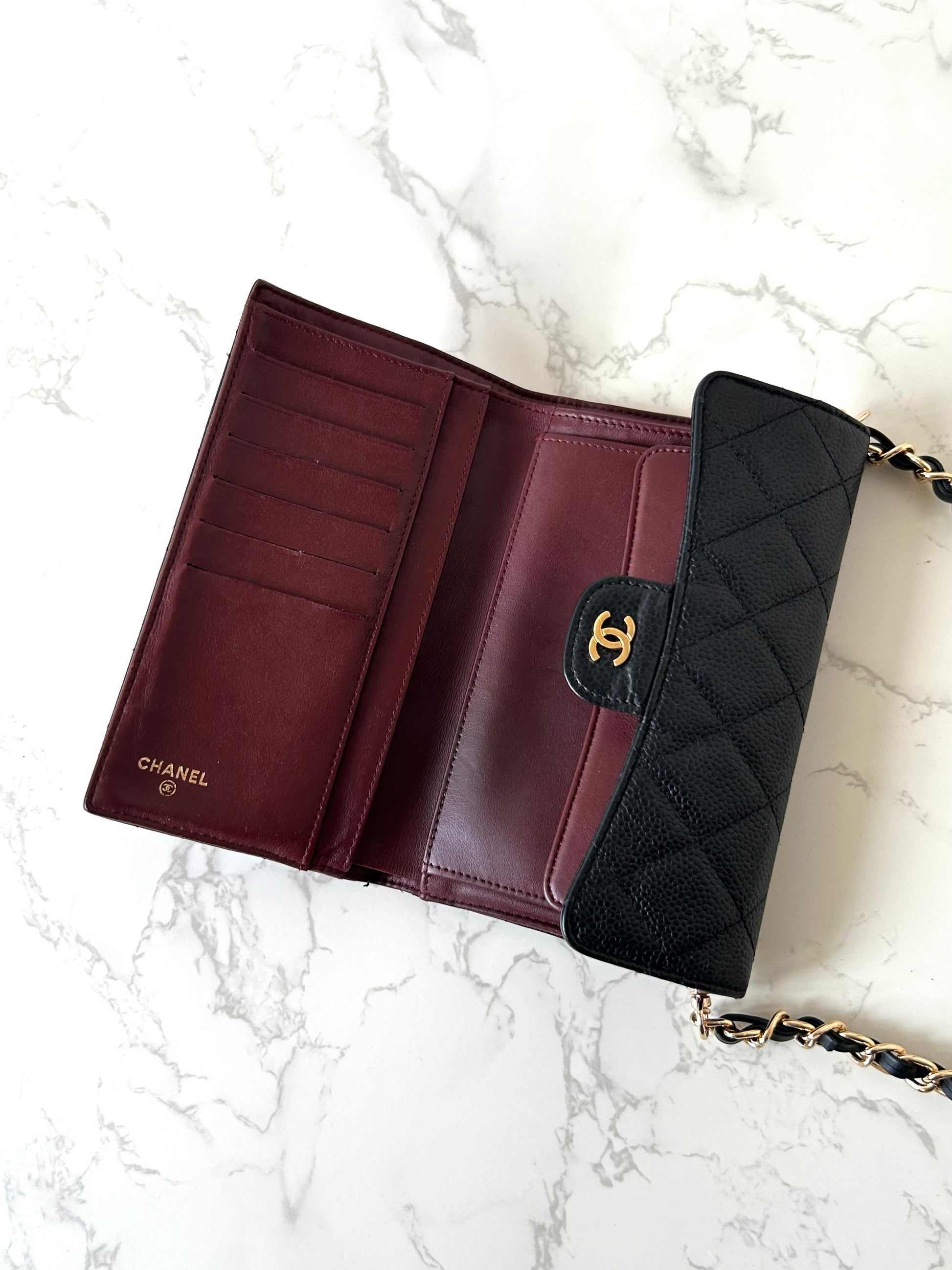 CHANEL Black Caviar Leather Gold Label WOC Long Wallet / Side Bag / Crossbody Bag