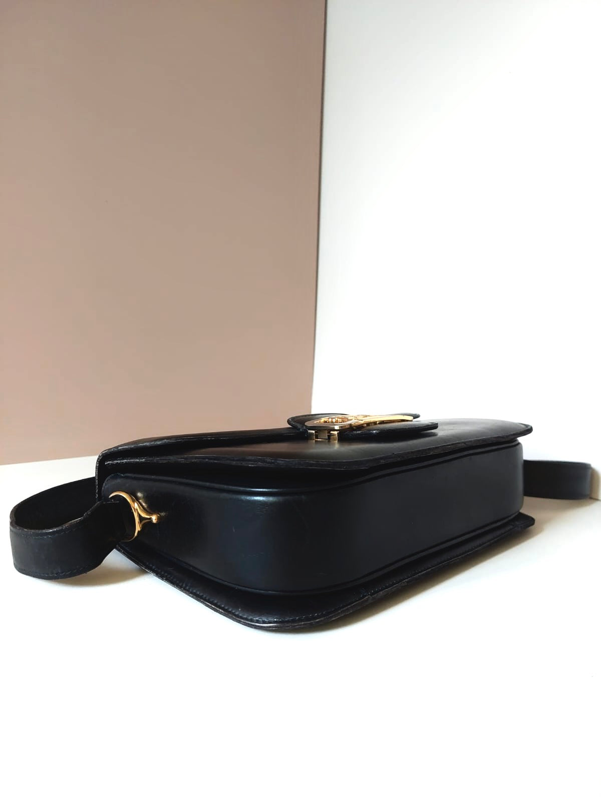 CELINE Classic Carriage Gold Buckle Black Leather Side Bag