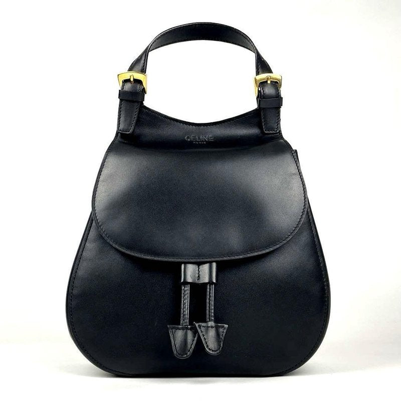 CELINE 稀有黑金色圓弧翻蓋皮革後背包