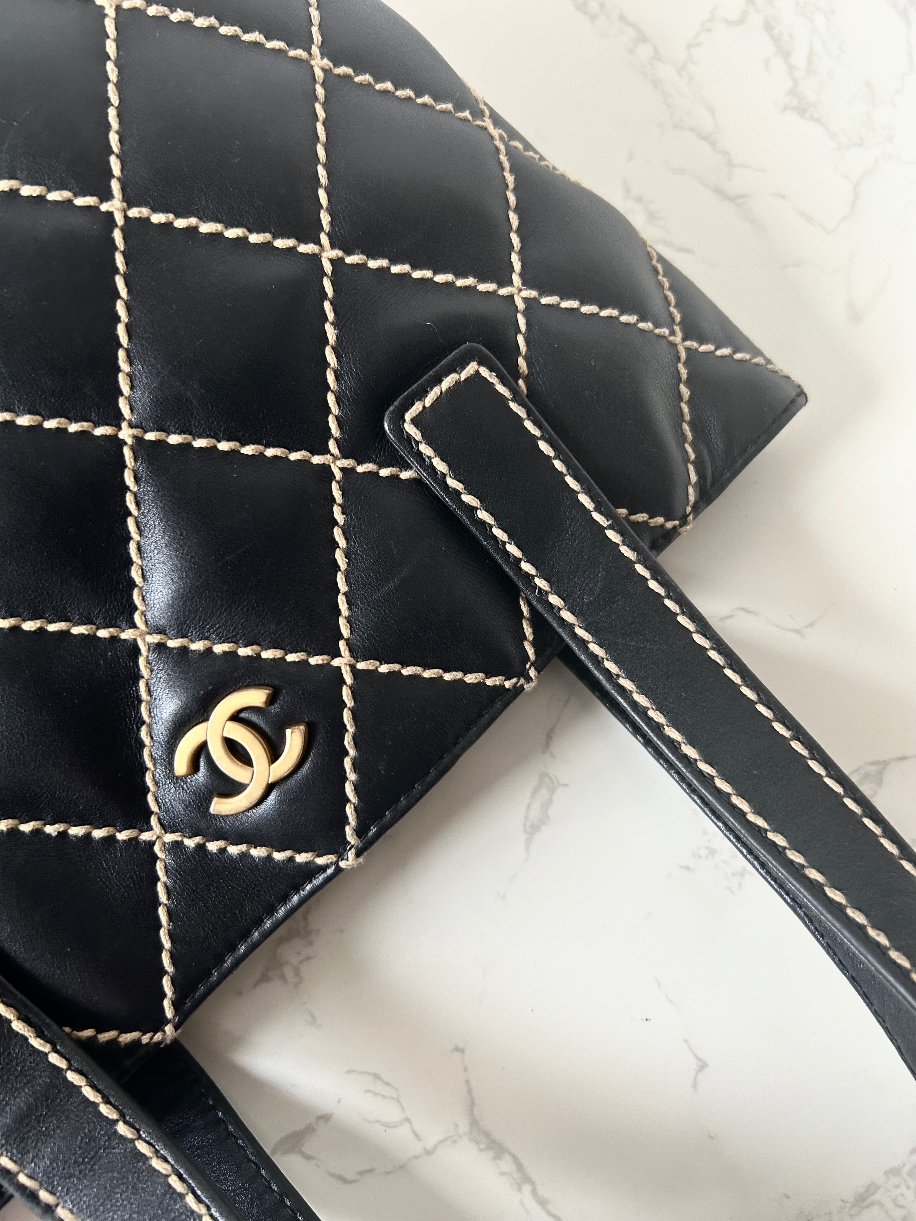 CHANEL Wild Stitch Vivian black gold label small tote bag / side bag
