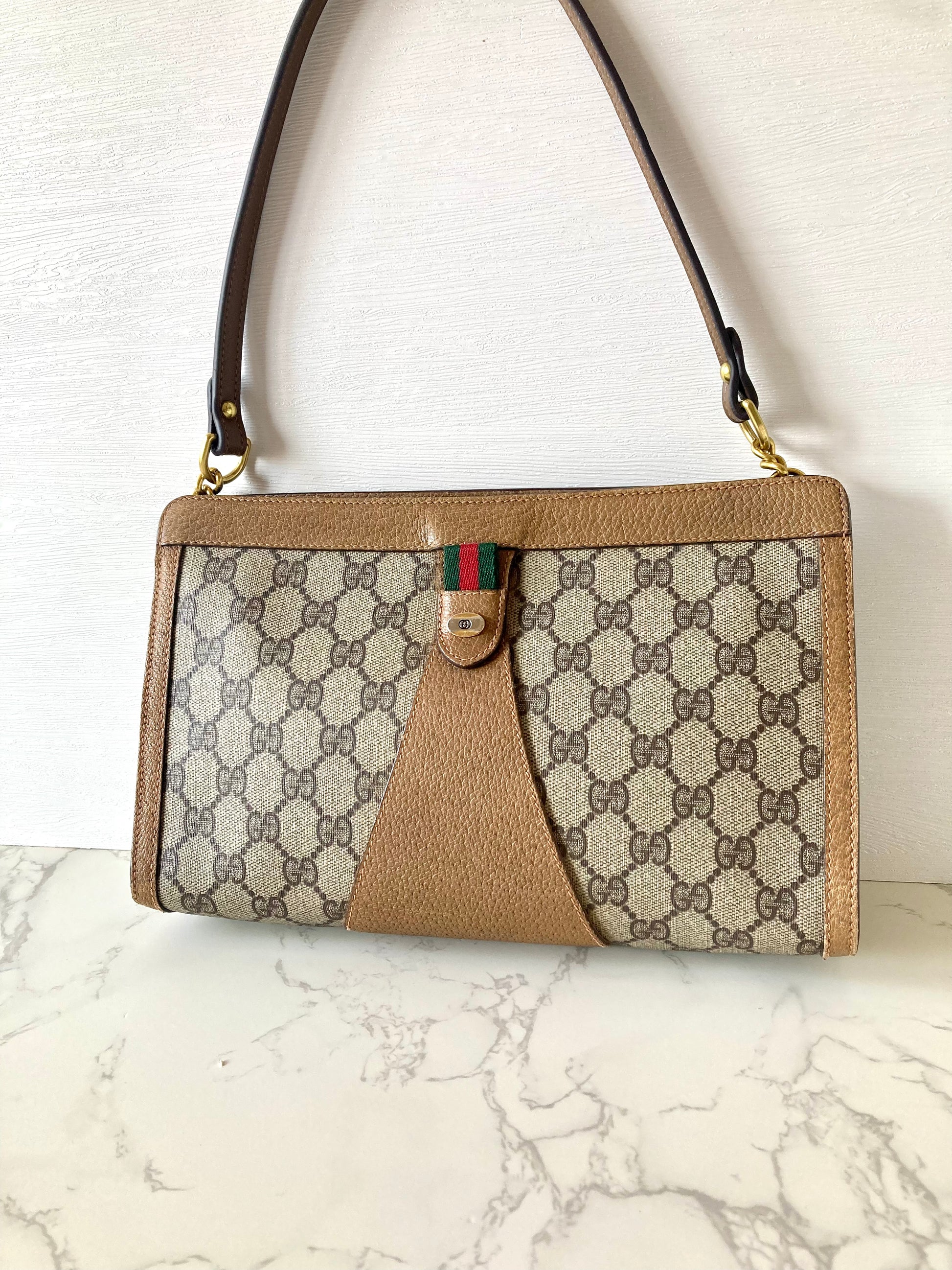 GUCCI Brown Monogram Horseshoe Two-way Shoulder Bag / Clutch