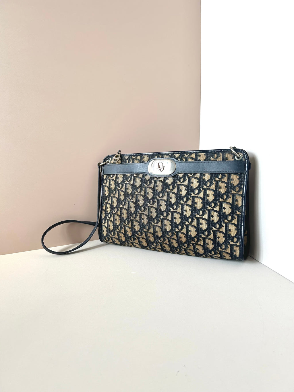 CHRISTIAN DIOR dark blue monogram shoulder bag/side bag/oblique bag