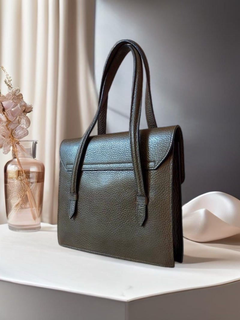 CELINE rare olive green gold tuo watch chain leather Kelly handbag / side bag