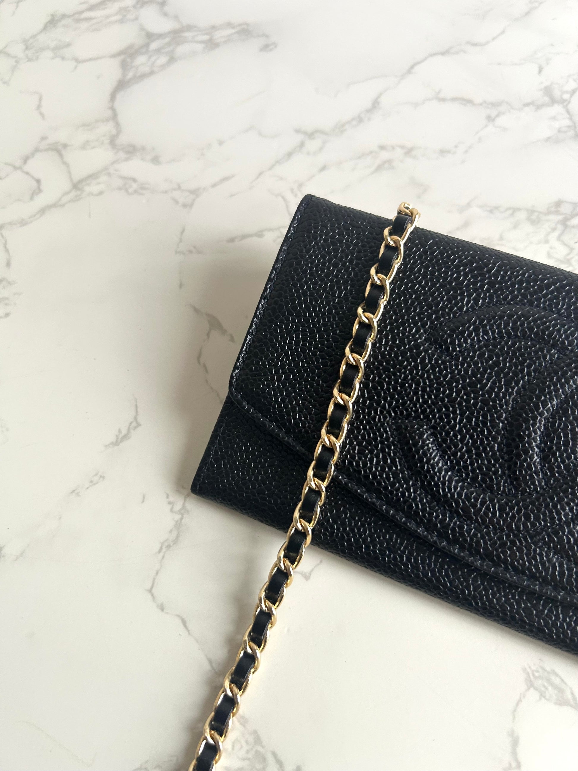 中古二手Chanel黑色魚子醬皮革WOC/側背包/斜背包/錢包