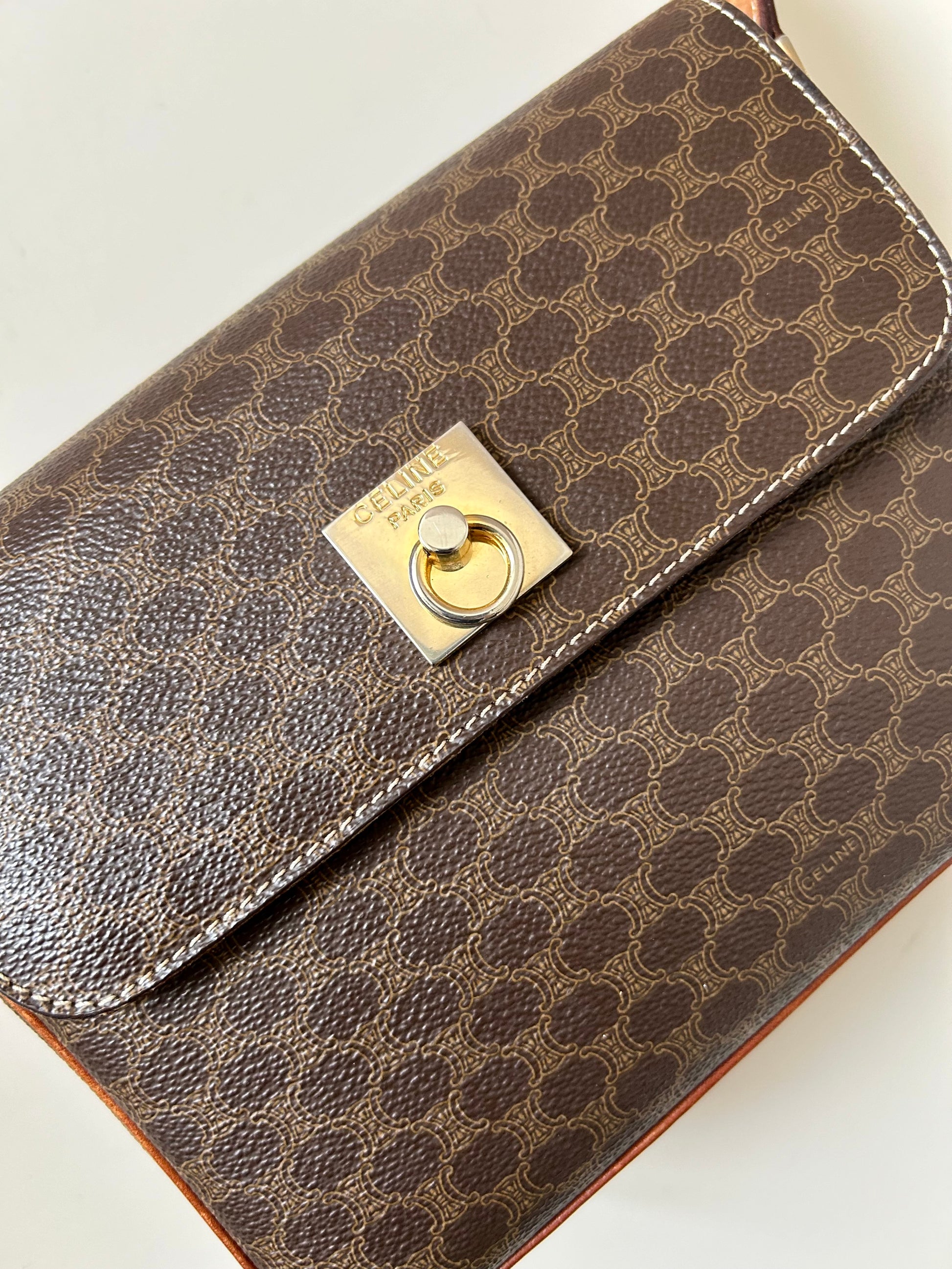CELINE Brown Old Flower Leather Gold Buckle Small Tofu Box Bag/Side Bag/Messenger Bag