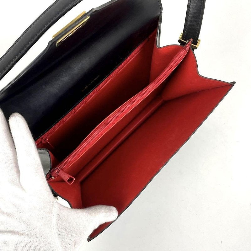 CELINE rare black gold buckle cowhide leather flap box small bag/side backpack/underarm bag