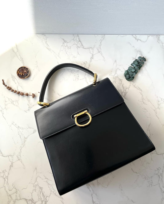 CELINE Black x Gold Horseshoe Leather Handbag