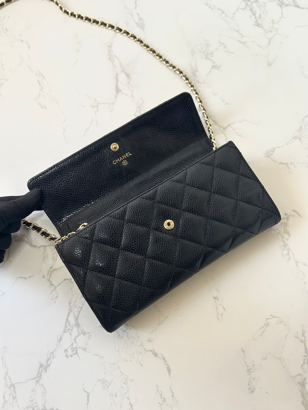 CHANEL Black Gold Caviar Leather WOC Side Bag/Messenger Bag/Long Wallet