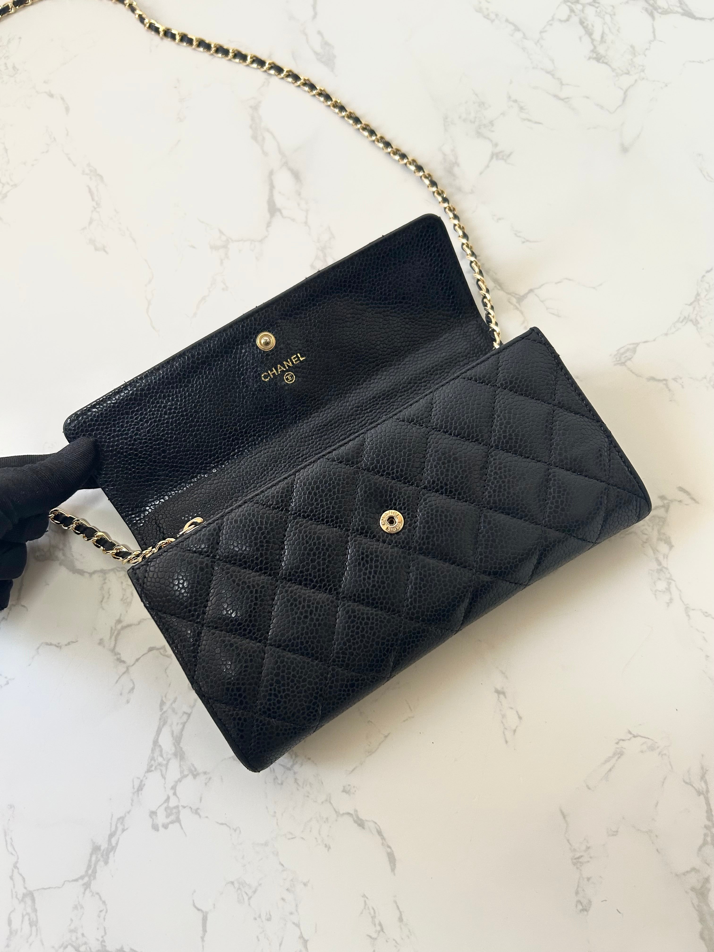 CHANEL Black Gold Caviar Leather WOC Side Bag/Messenger Bag/Long Wallet