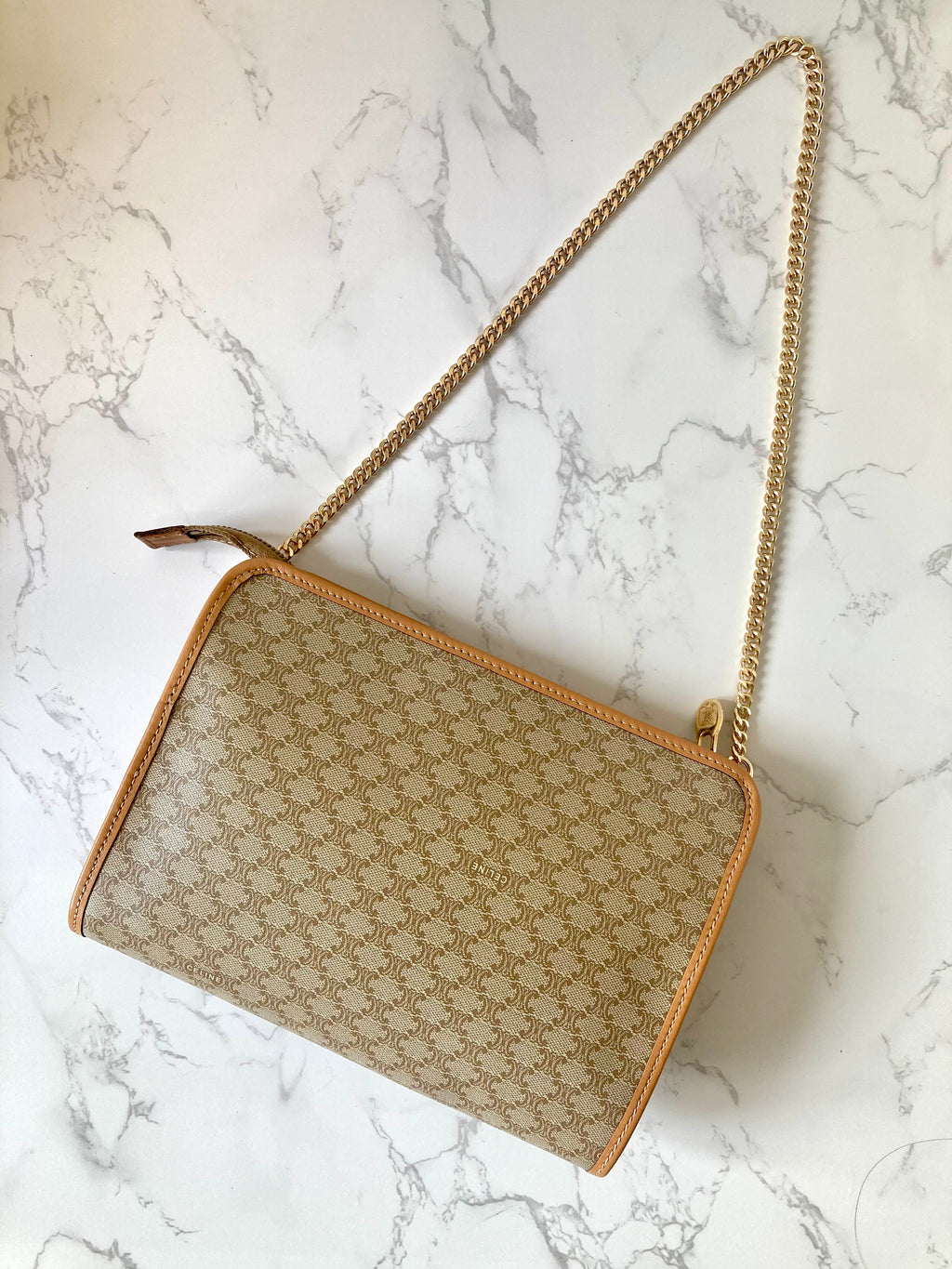 CELINE Beige Triomphe Monogram Chain Shoulder Bag