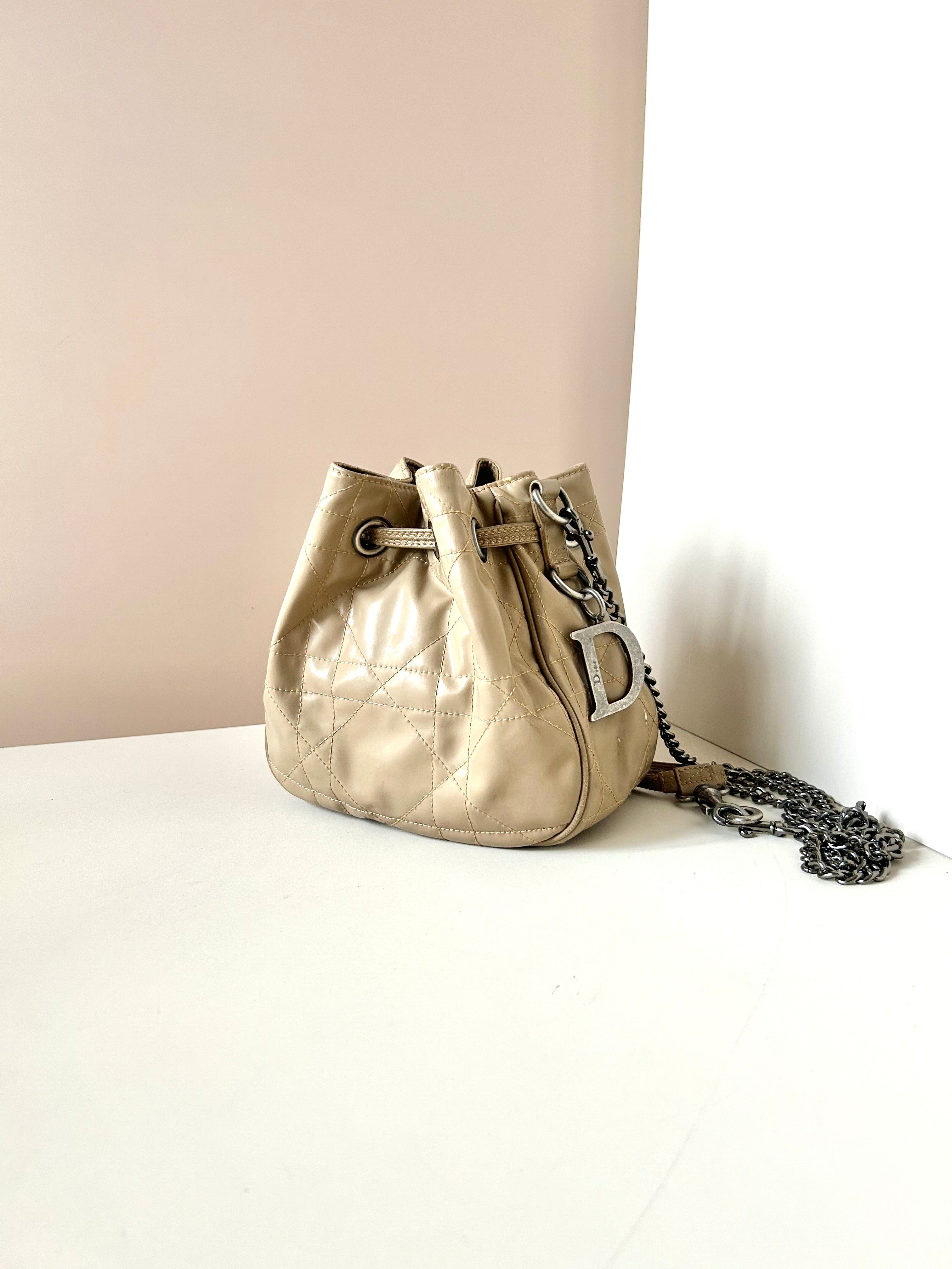 CHRISTIAN DIOR Beige Leather Silver Buckle Drawstring Mini Bucket Bag / Crossbody Bag / Shoulder Bag