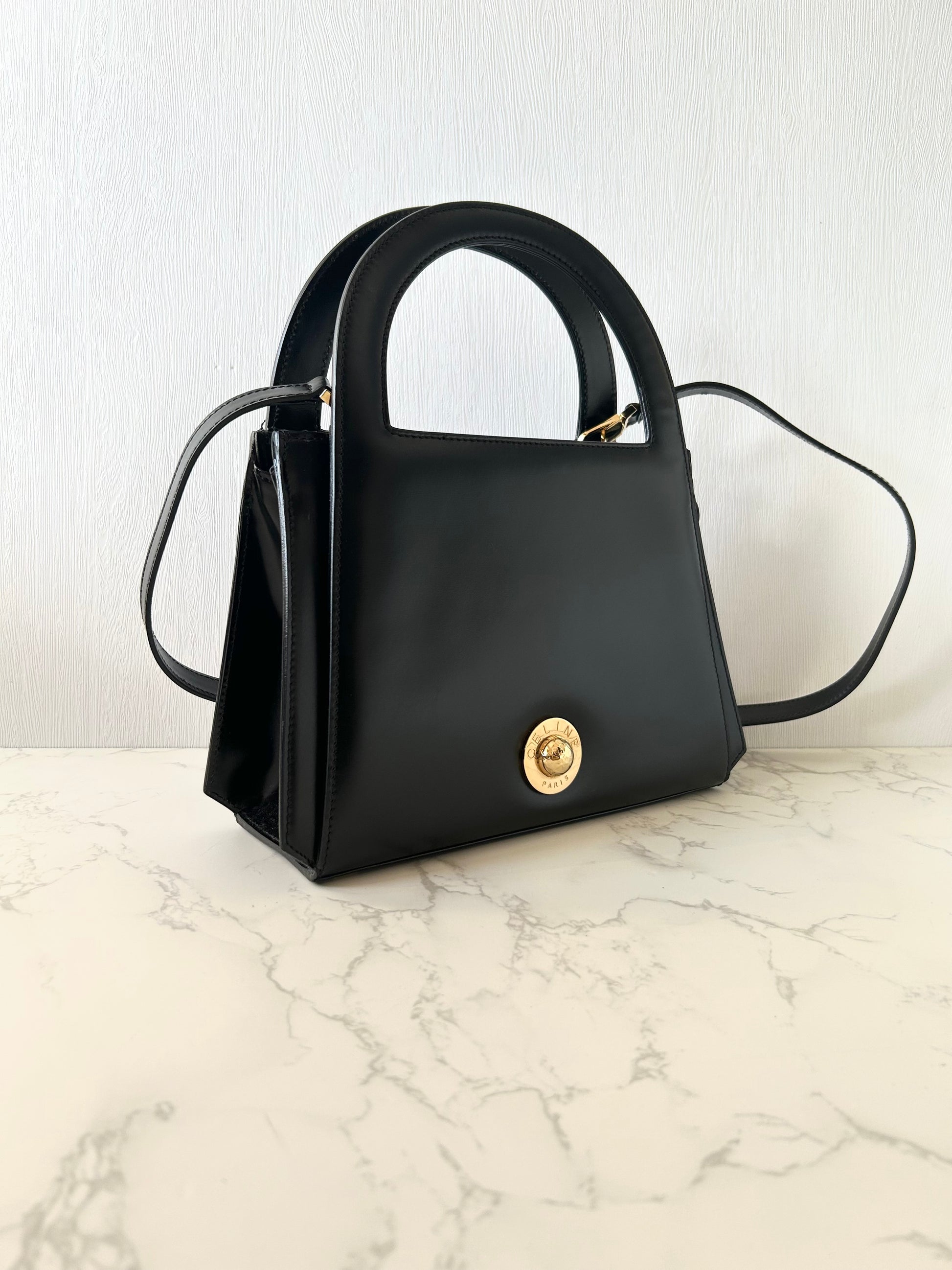 CELINE Rare Planet Black Gold Leather Kelly Handbag/Side Bag/Messenger Bag