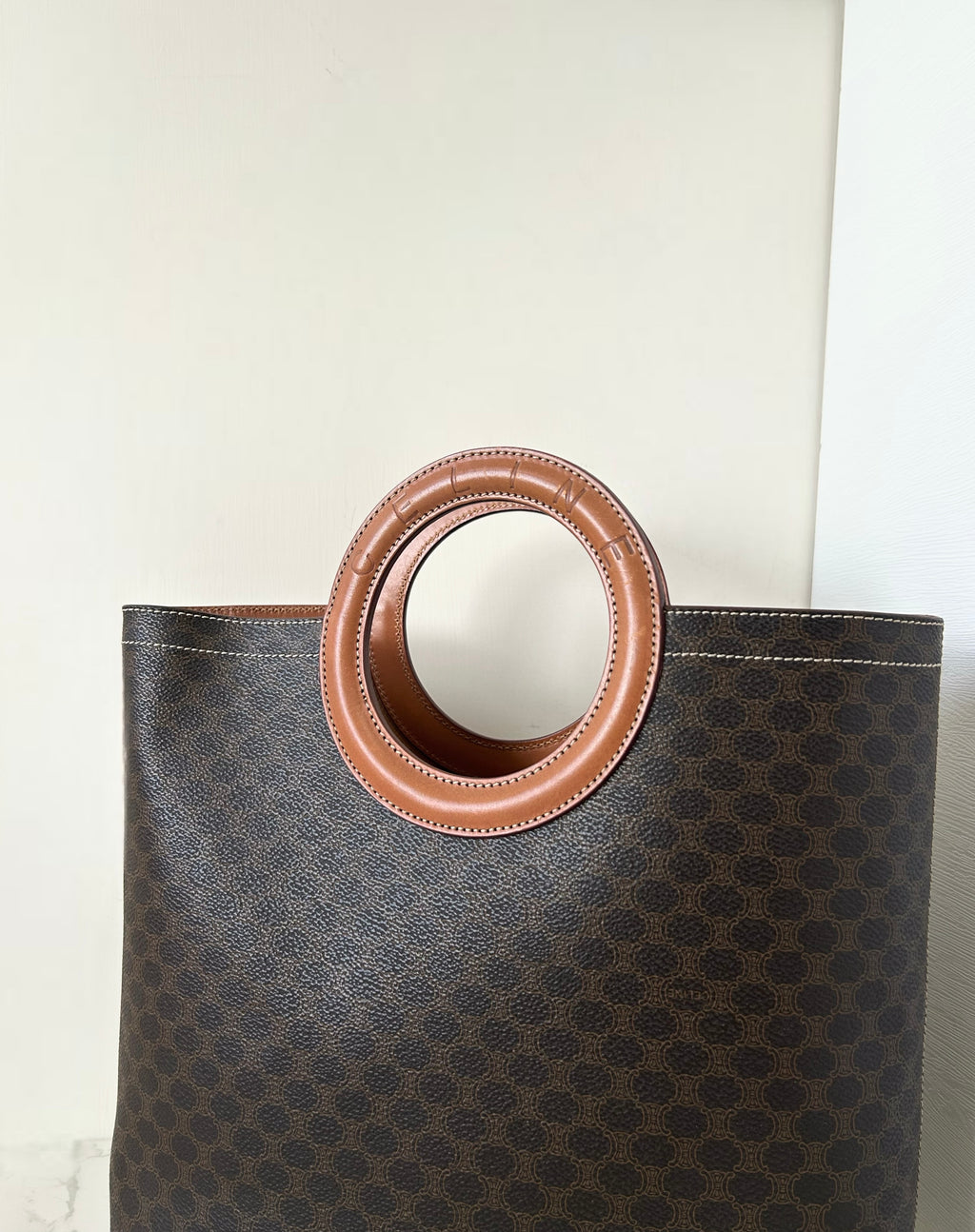 CELINE rare large leather ring coffee color old flower tote bag / handbag