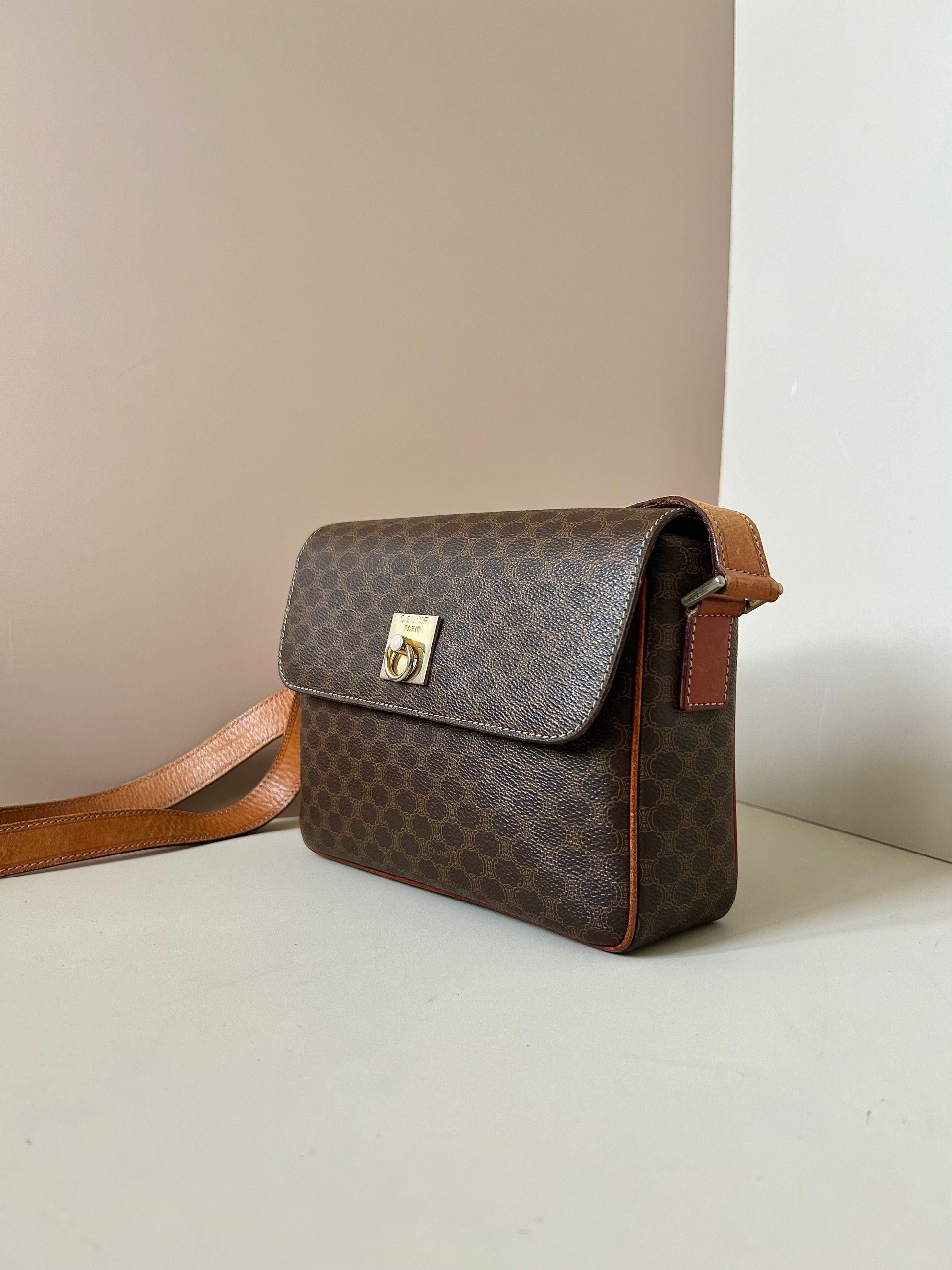 CELINE Brown Old Flower Leather Gold Buckle Small Tofu Box Bag/Side Bag/Messenger Bag