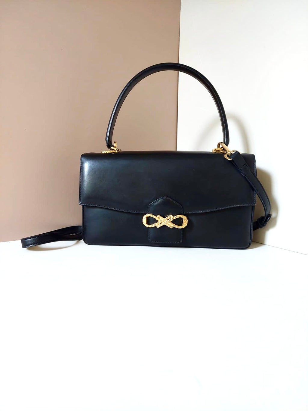 CELINE rare planet engraved twisted gold buckle leather small Kelly handbag/side bag/crossbody bag