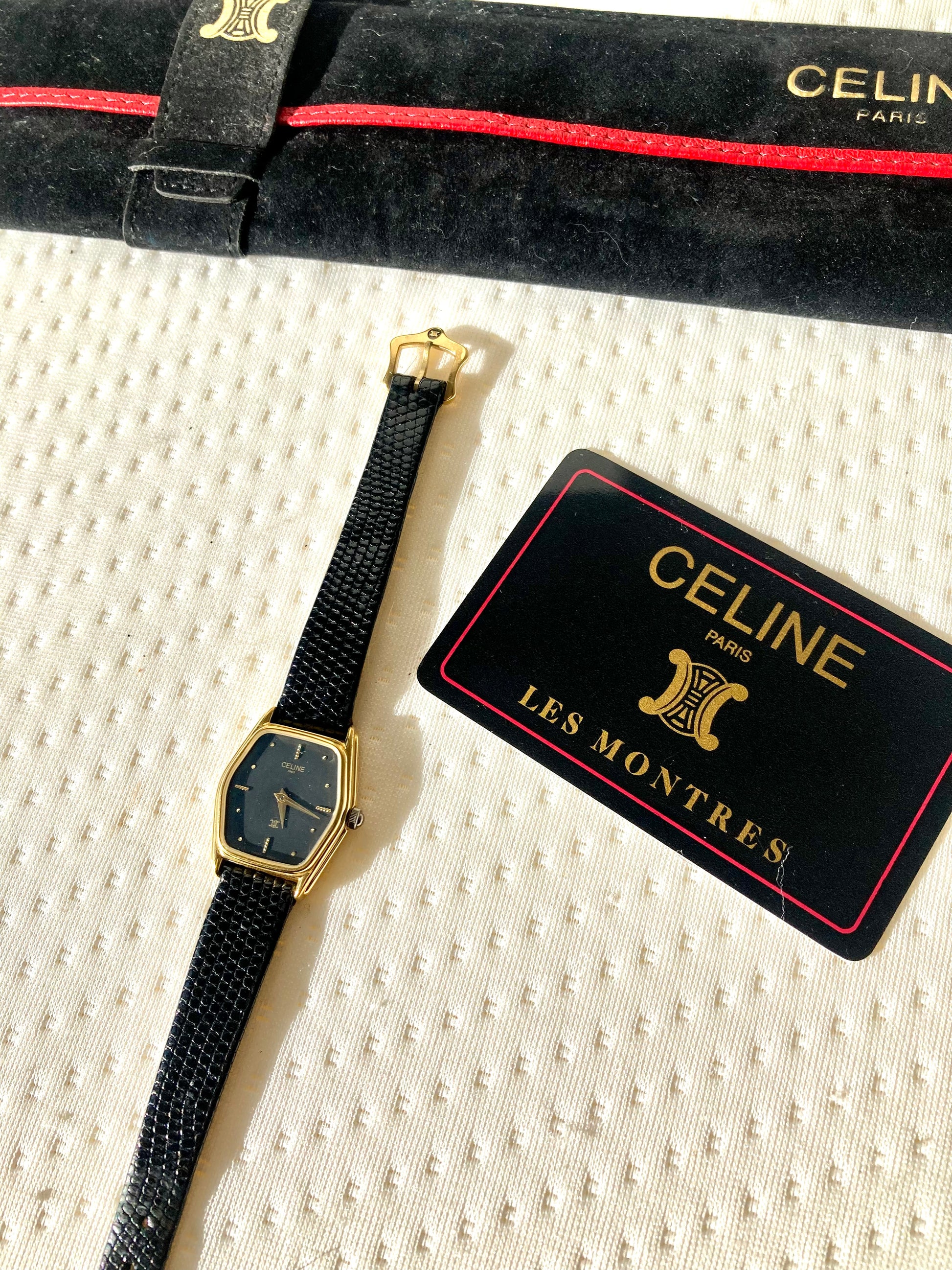 CELINE Black x Gold Hexagon Horse Carriage Watch