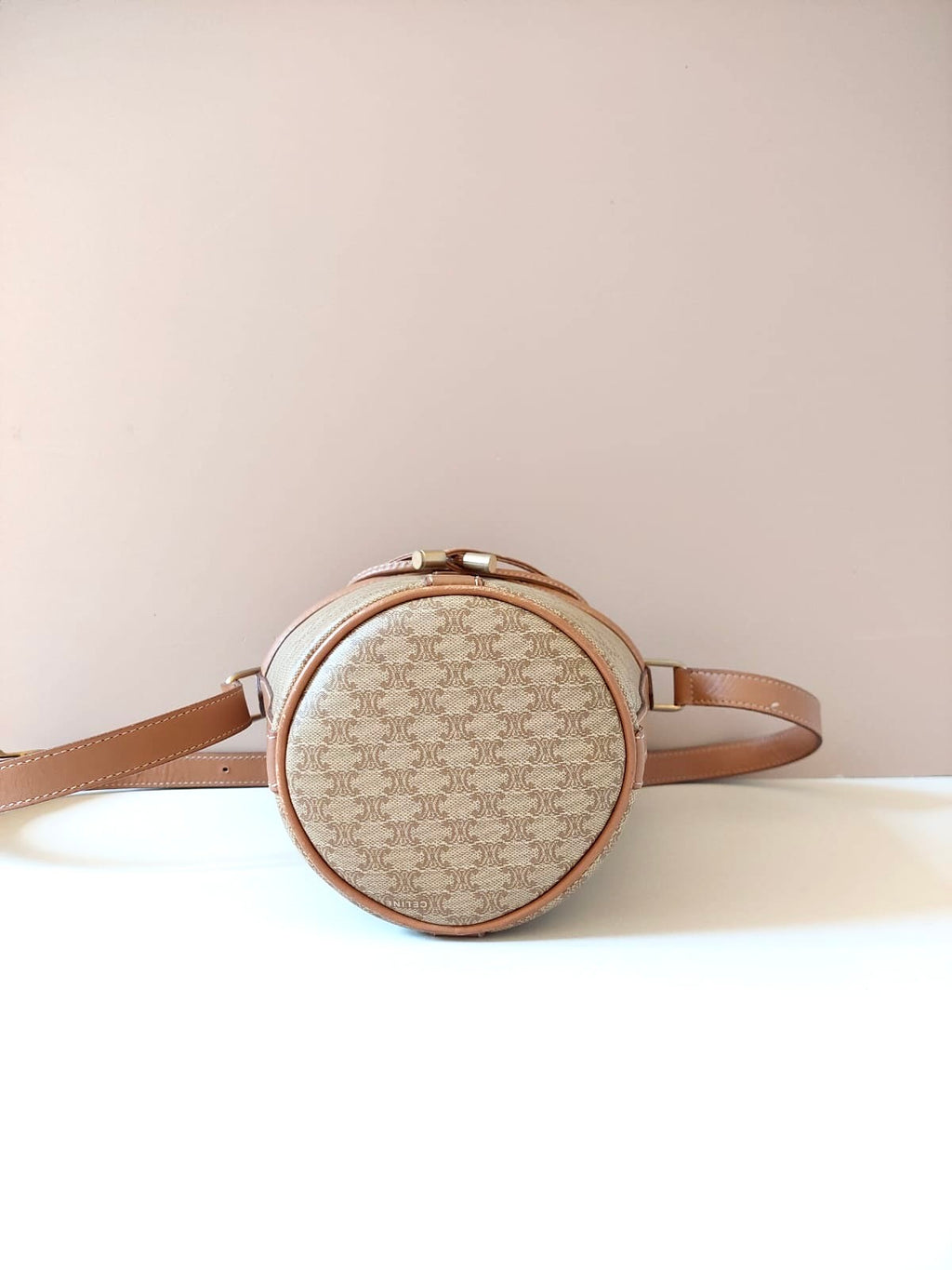 CELINE beige old flower leather drawstring bucket bag / side backpack