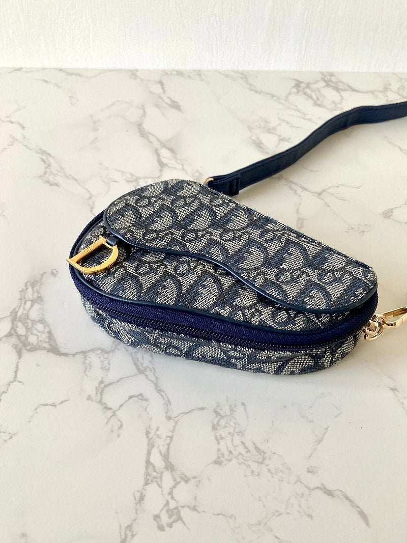 CHRISTIAN DIOR 深藍灰色老花金扣馬鞍小包/單肩包/側背包/斜背包
