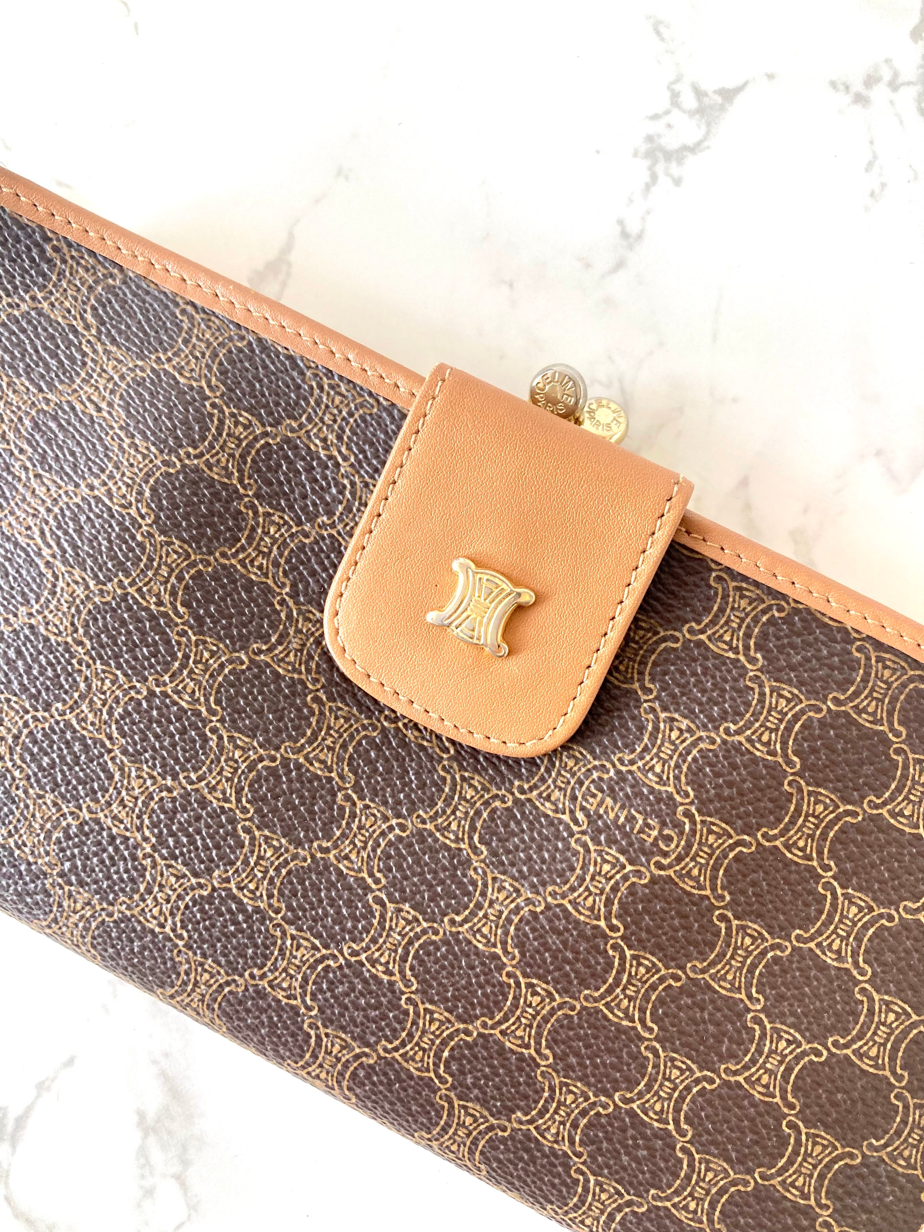 CELINE Brown Macadam Gold Triomphe Long Bi-fold Wallet