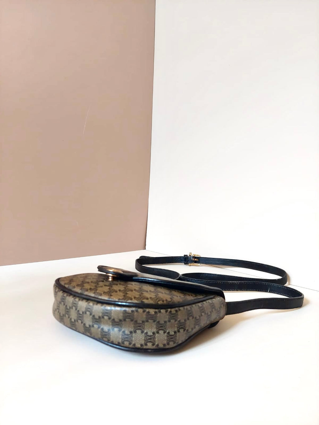CELINE rare black and gray old flower saddle bag / side bag / oblique bag