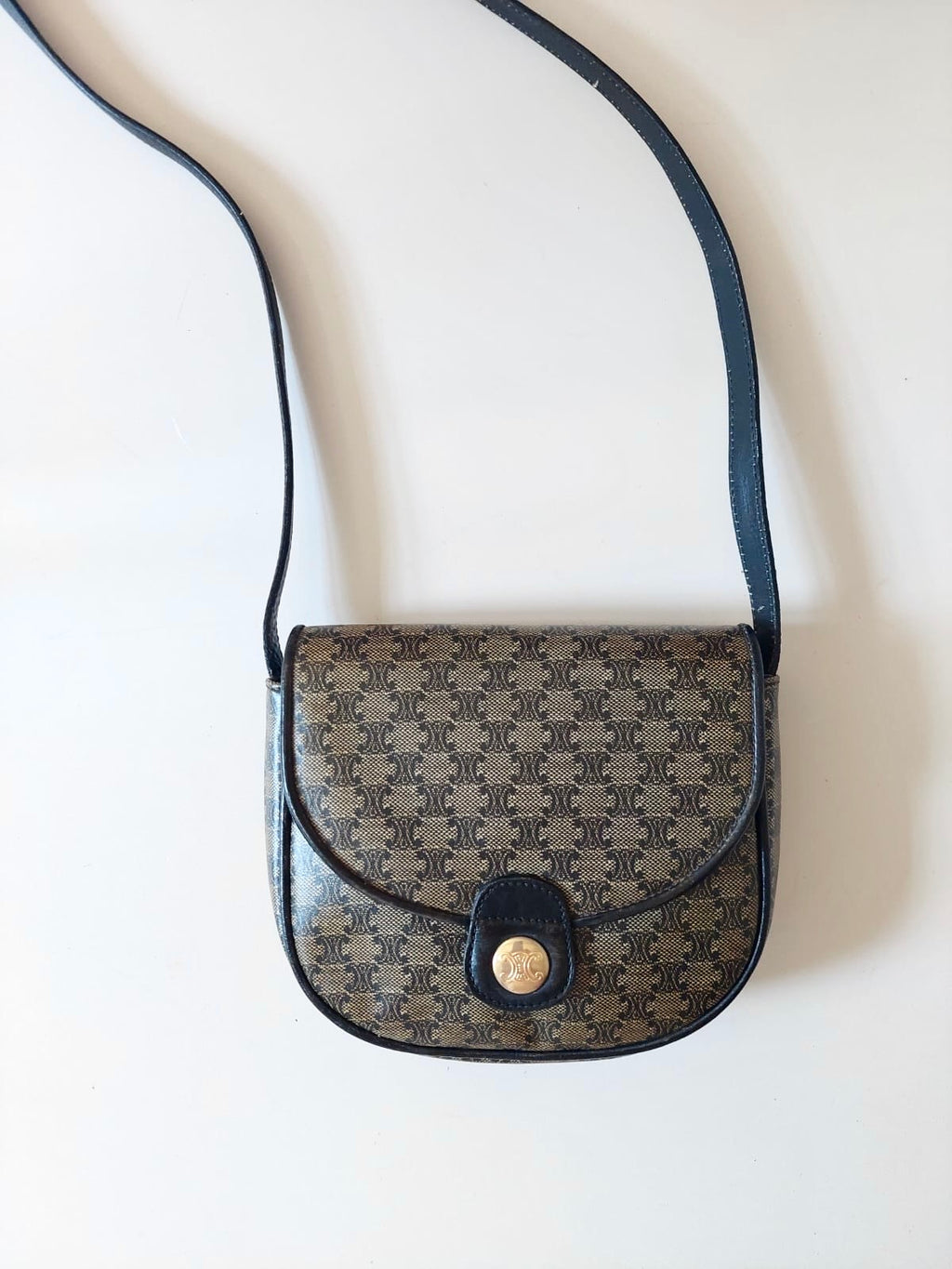 CELINE rare black and gray old flower saddle bag / side bag / oblique bag