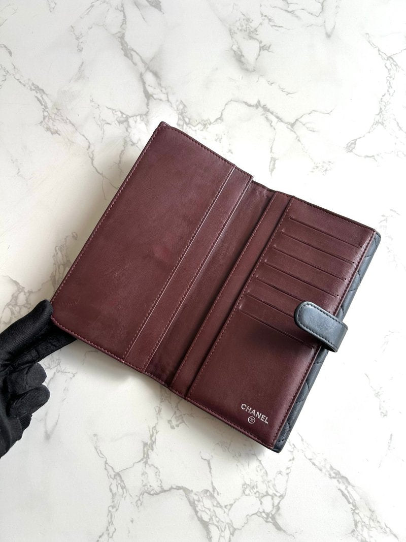 Chanel Black and Silver Lambskin Matelassé Long Wallet